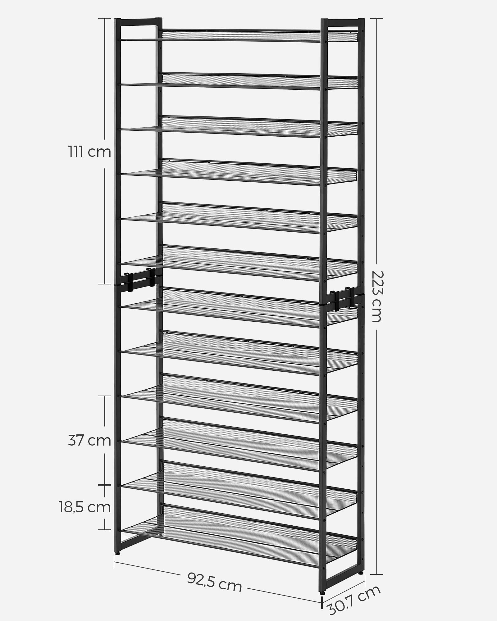 SONGMICS Étagère à Chaussures à 12 Niveaux, Empilable, Étagère de Rangement en Métal, Planches Réglables, 30,7 x 92,5 x 223 cm, 48-60 Paires, Noir LMR12B