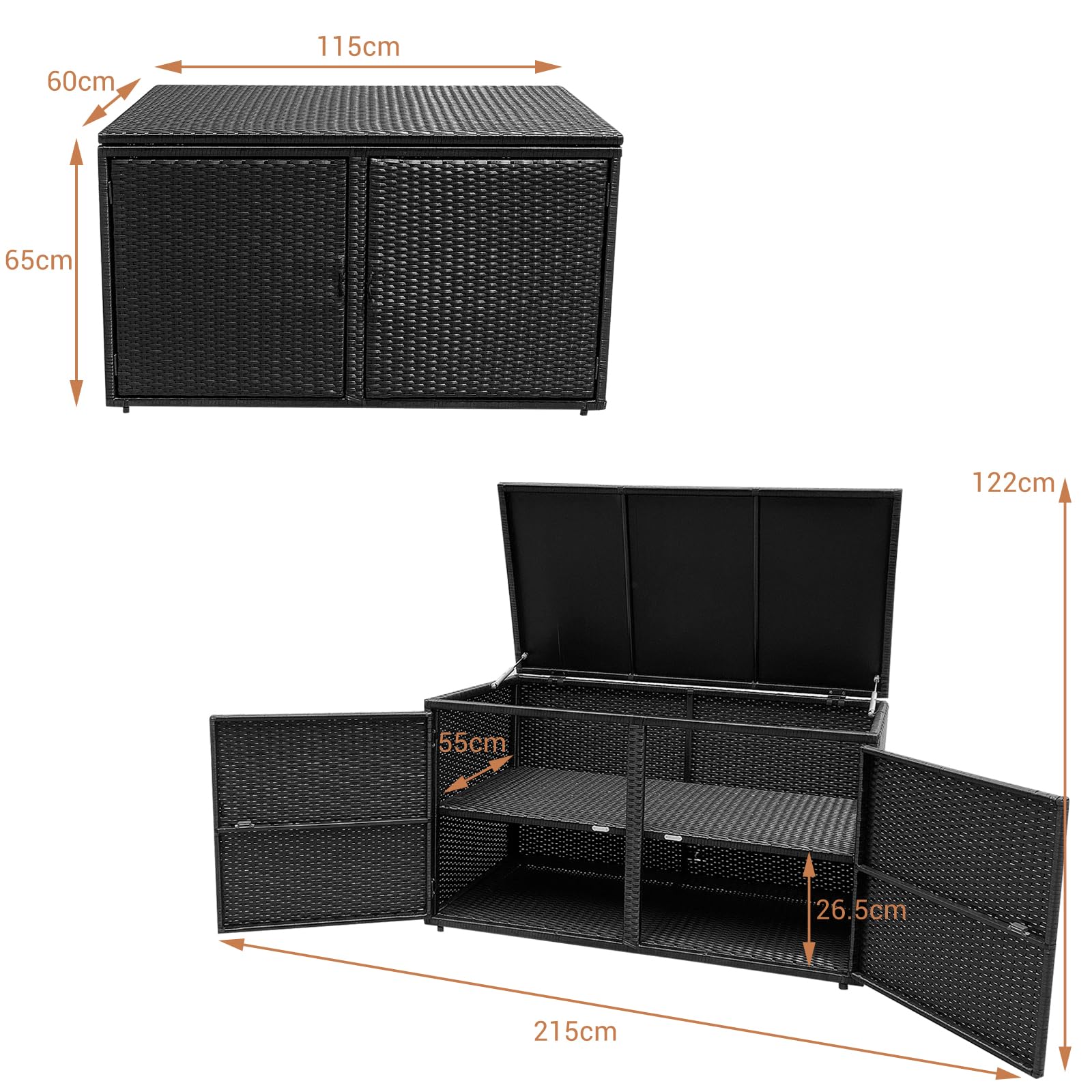 HOMASIS Baule da Esterno in PE Rattan, Cassapanca Contenitore a 2 Livelli, Panca Contenitore da Esterno Multiuso, 115 x 60 x 65 cm (Nero)