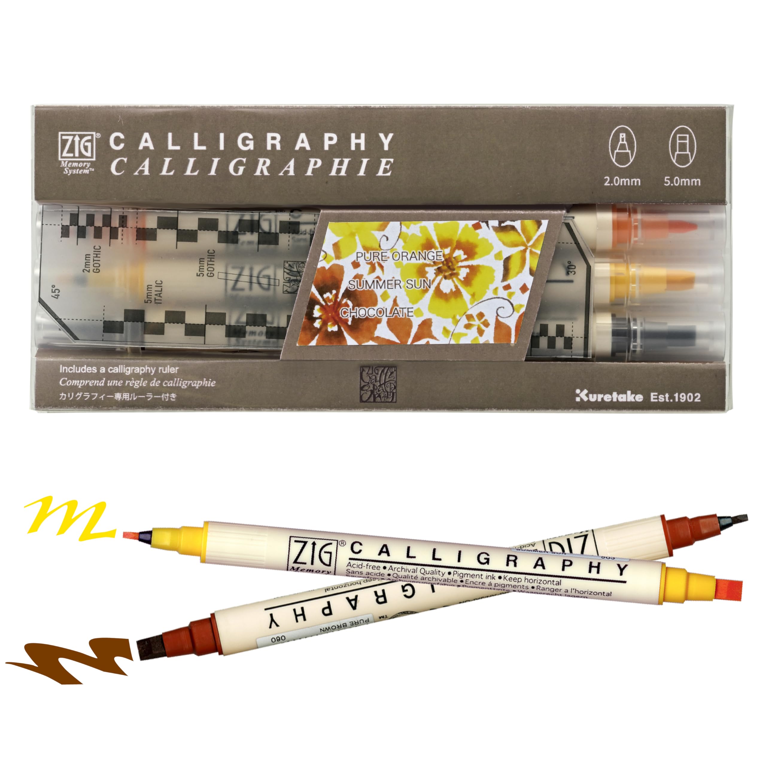 Kuretake ZIG CALIGRAPHY MARKER Pens 3 colours set (Orange Brown), 2mm 5mm Dual tip, for Art, illustration, Journaling, Made in Japan
