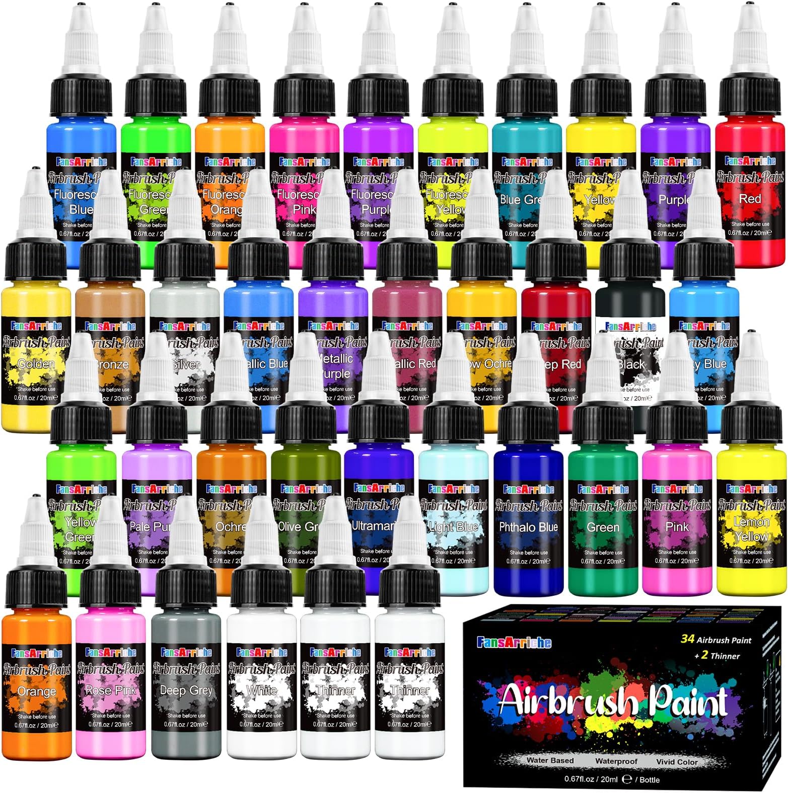 FansArriche Airbrush Paint Set, 34 Colors Acrylic Air brush Paint Kit with 2 Thinner, Ready to Spray Water-based Opaque & Neon Colors for Beginners, Artists, DIY Projects, 20ml/Bottle