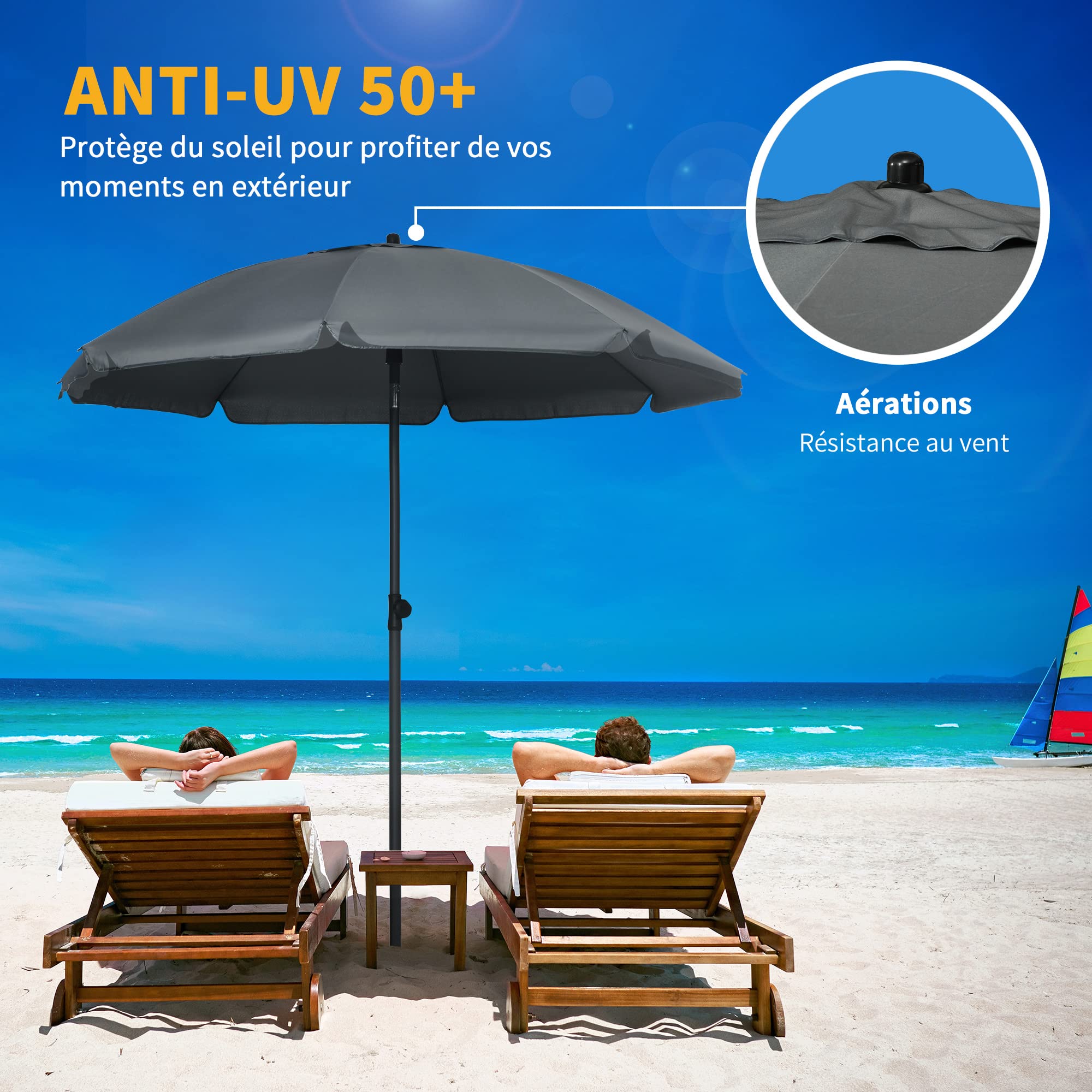 Outsunny Parasol de Plage Parasol de Jardin Extérieur Ø 180 cm Gris Foncé | Inclinable, Protection UV 50+, avec 8 Baleines, Sac de Transport Inclus