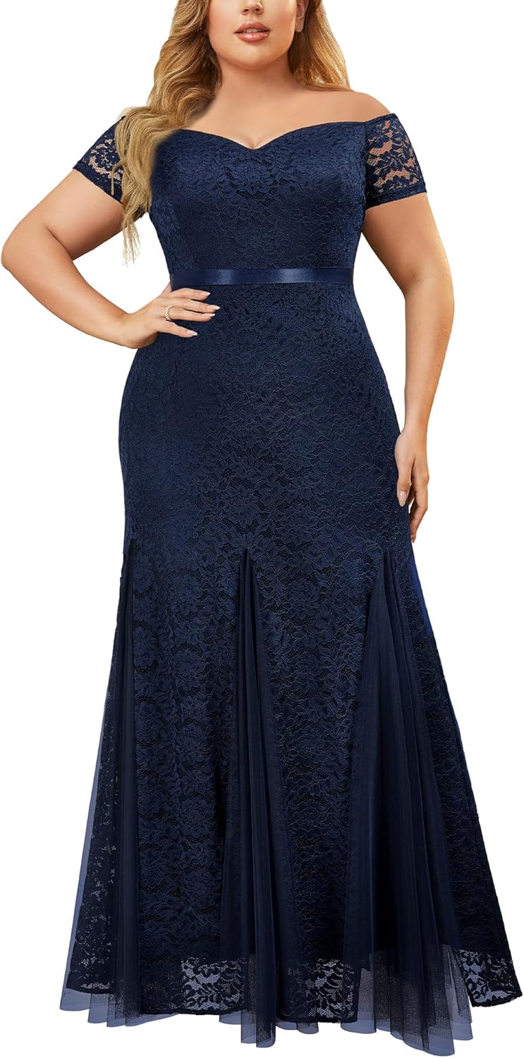 Miusol Women's Plus Size Formal Off Shoulder Vintage Floral Lace Mermaid Maxi Evening Party Dress