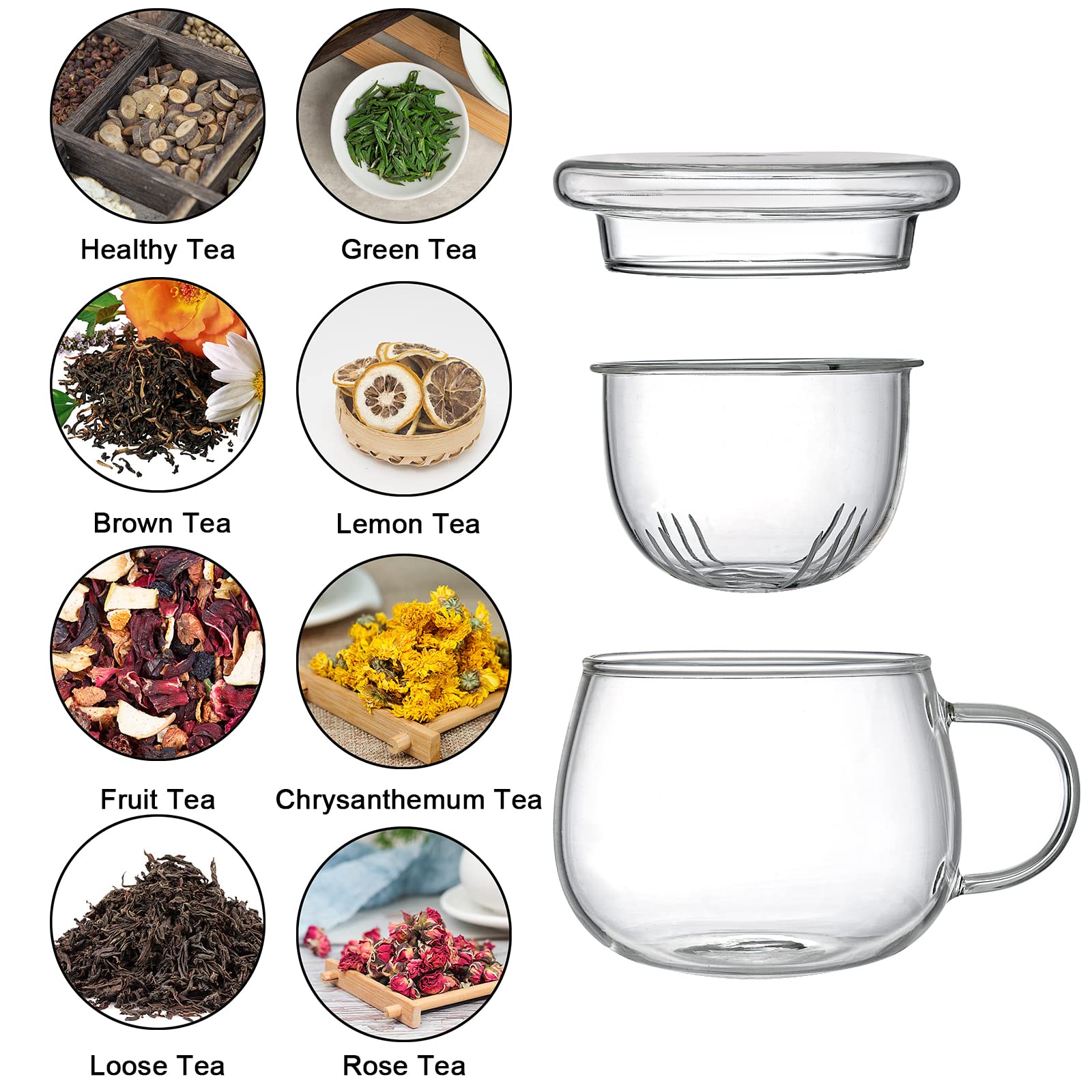 Tosnail Lot de 2 tasses à thé en verre de 388,5 g avec couvercle et infuseur à thé, tasses à thé transparentes avec filtre à thé, tasses en verre pour infusion de thé en vrac