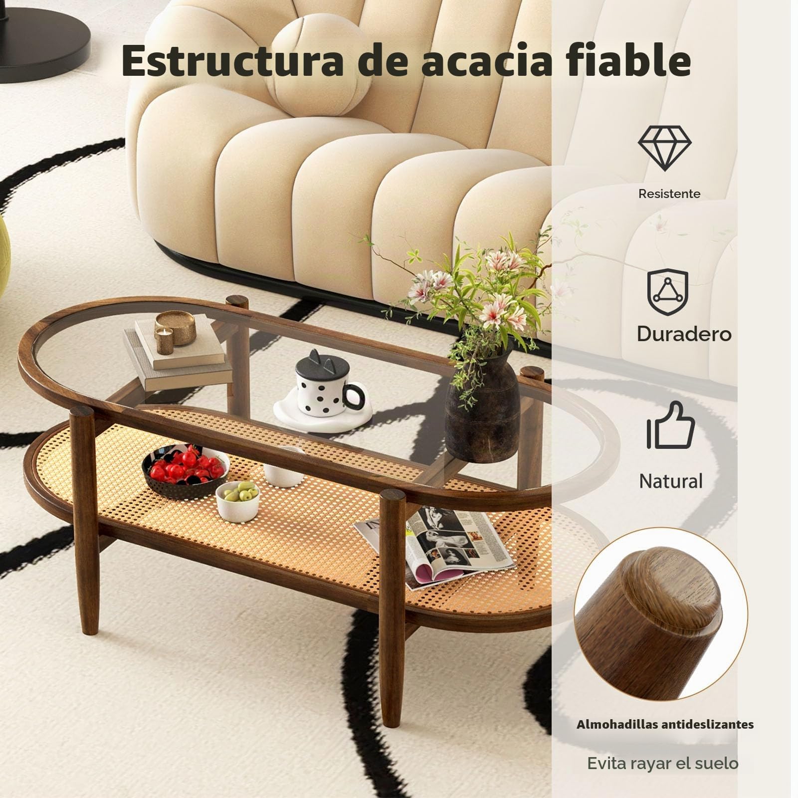LIFEZEAL Mesa de Centro de Cristal y Madera Maciza Con 2 Niveles - Ovalada Con Ratán para Salón, Dormitorio, Oficina - 102x46x47cm