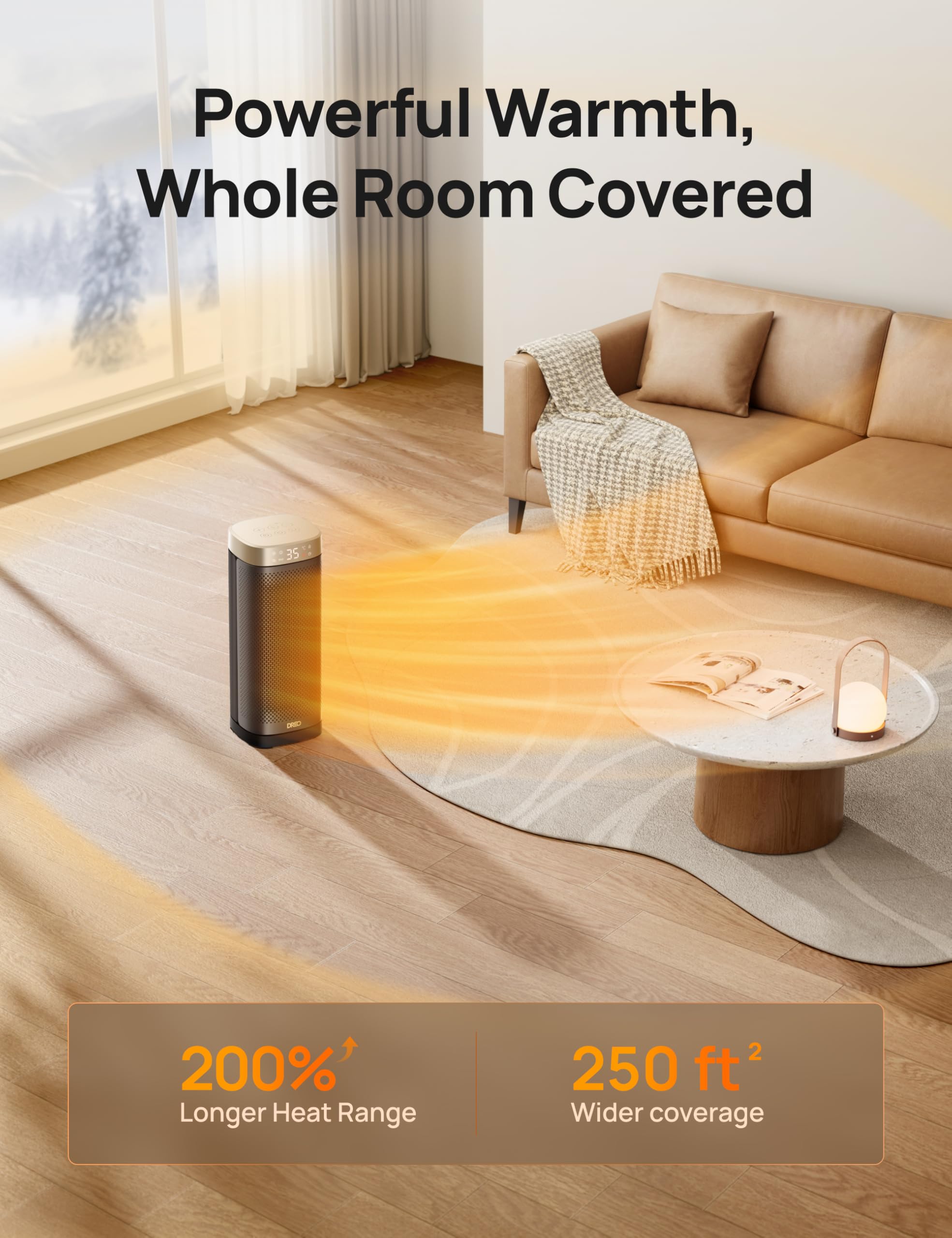 DREO Heizlüfter Energiesparend Leise, 2000W Keramik Heizung mit Thermostat, 12-Std-Timer, 3 Modi, 70° Oszillation, 16 Zoll Elektroheizung für Räume, Überhitzungs-Kippschutz, Solaris Slim H2, Gold