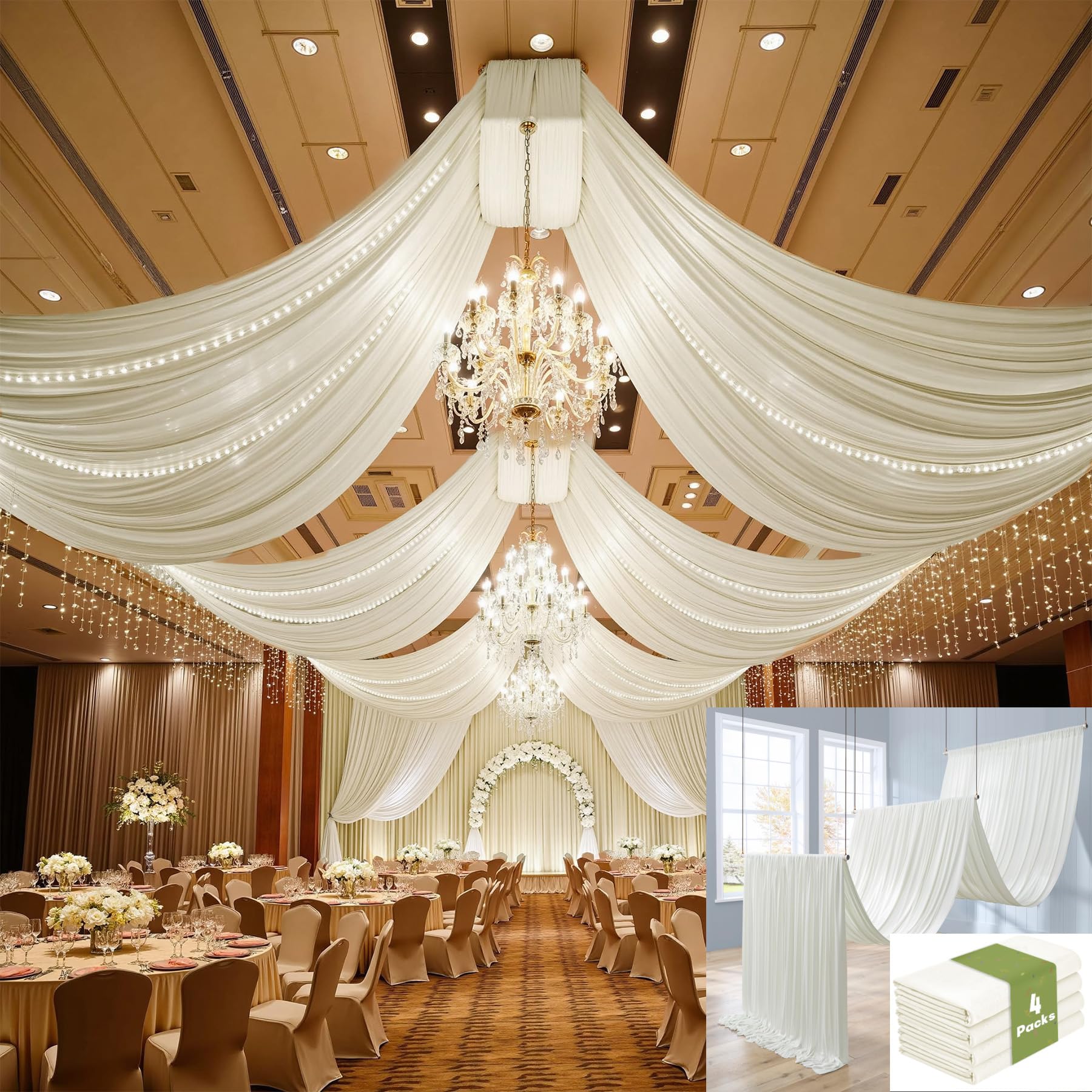 Htper 4 Panels 5x20ft Ivory Ceiling Drapes for Wedding Parties, Wrinkle Free Thick Polyester 20ft Extra Long Wedding Draping Ivory Ceiling Curtains Arch Drapery for Birthday Party Canopy Tent Decor