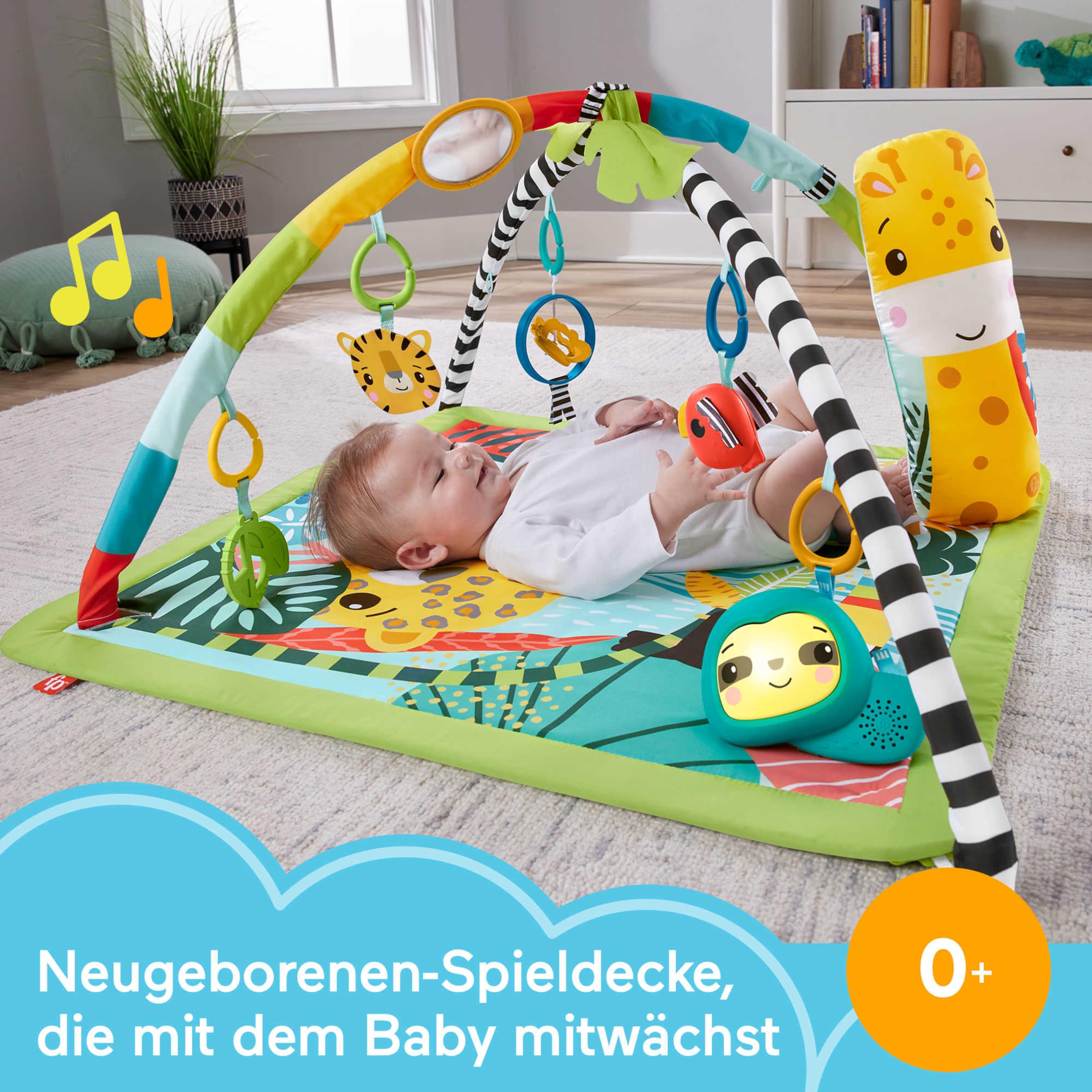 Fisher-Price 3-in-1 Rainforest Spieldecke für Babys, Spielmatte und sensorische Spielzeuge für das Spielen in der Bauchlage, Regenwalddesign, ab der Geburt, HJW08