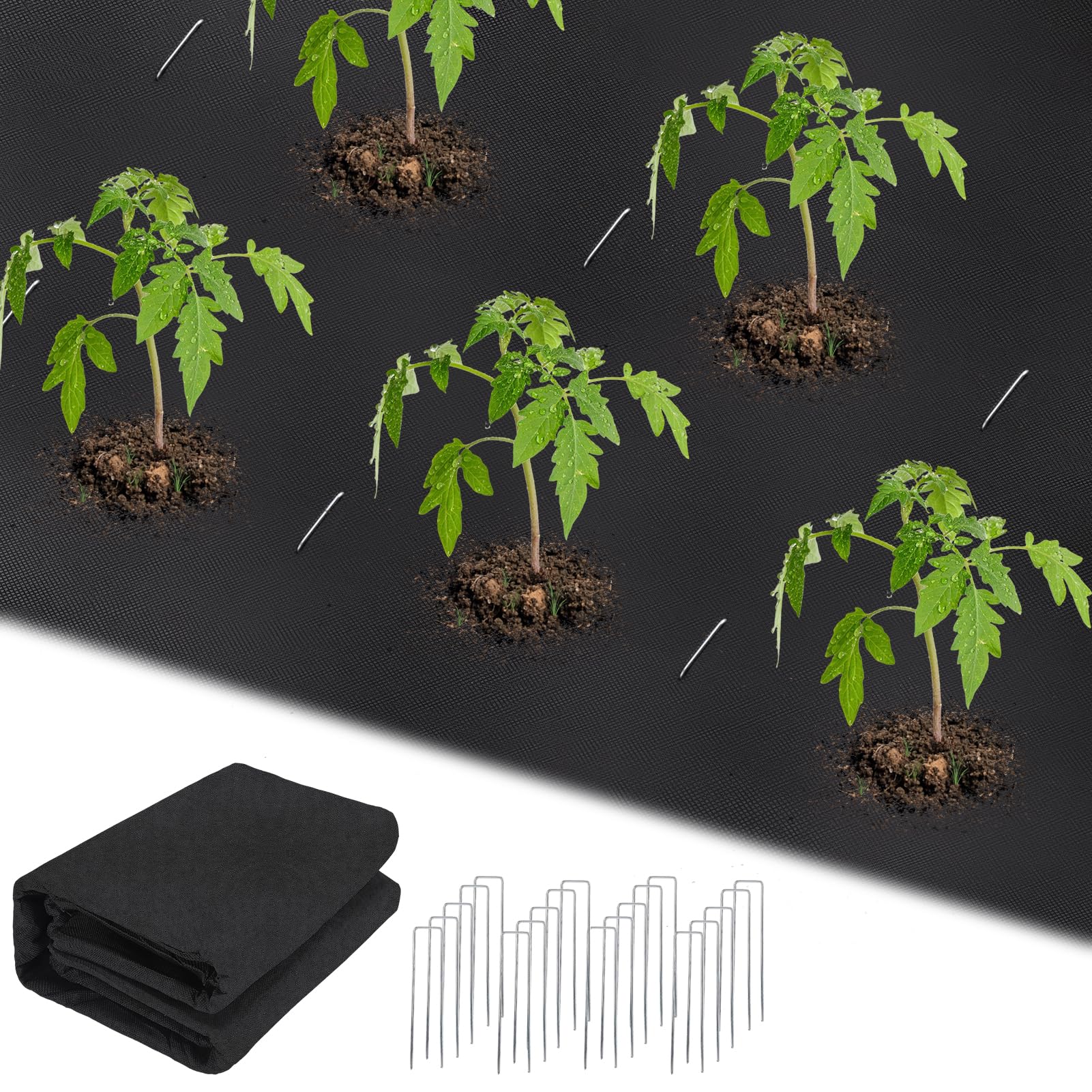 Apipi 3x50 Ft Weed Barrier Fabric - 3.2Oz Non-Woven Landscape Fabric Heavy Duty, High Permeability Weed Blocker Ground Cover Mat with 20 U-Shaped Stakes to Control Weed