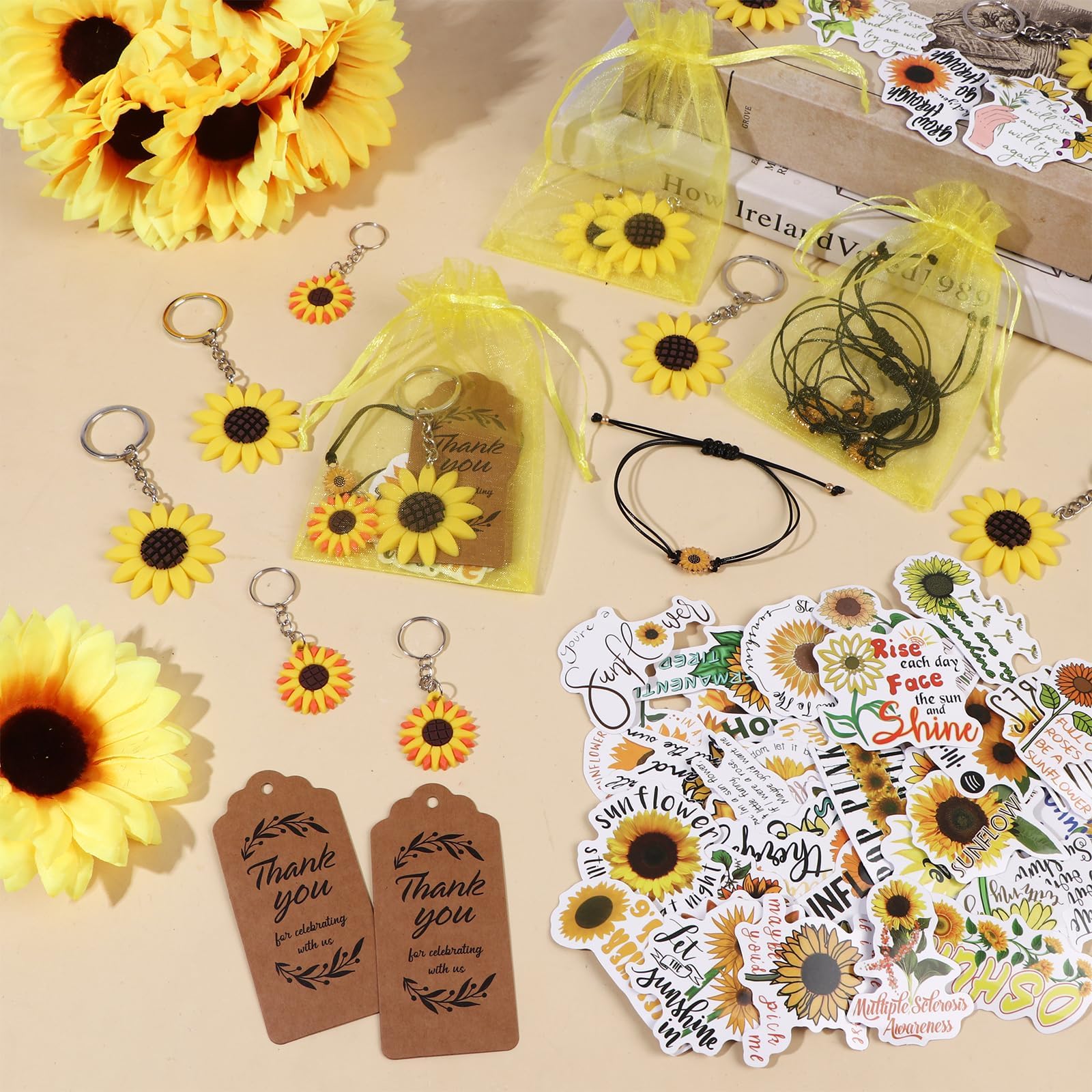 130 regali per feste a forma di girasole con portachiavi con girasole regolabili, adesivi per girasole, etichette di ringraziamento, sacchetti in organza per compleanni, matrimoni, feste estive