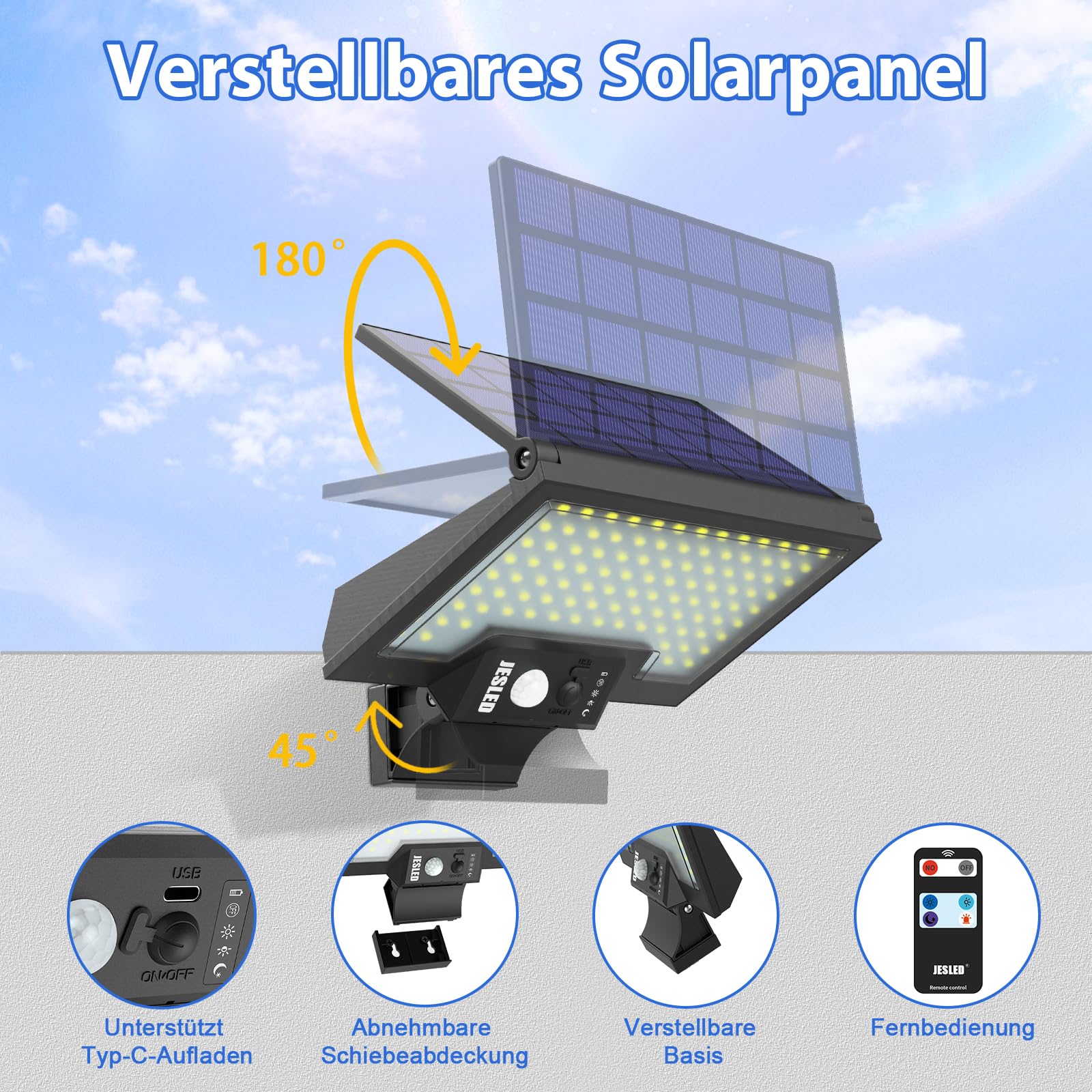JESLED Solarlampen für Außen mit Bewegungsmelder, 108LEDs Drehbare Solar Aussenleuchte, 4 Modi Solarleuchten Für Außen, IP65 Wasserdichte Sicherheitswandleuchte Für Garten Garage, 2 Stück