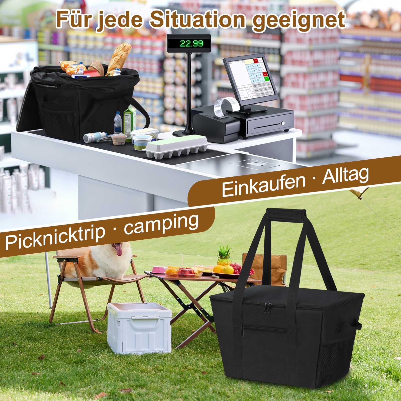 Kühltasche 30L, Groß Einkaufstasche Faltbar Thermotasche Dauerhaft Isoliertasche Picknicktasche Gefriertasche für Einkauf, Picknick, Camping, Strand, BBQ, Outdoor, Reisen, Auto, Schwarz