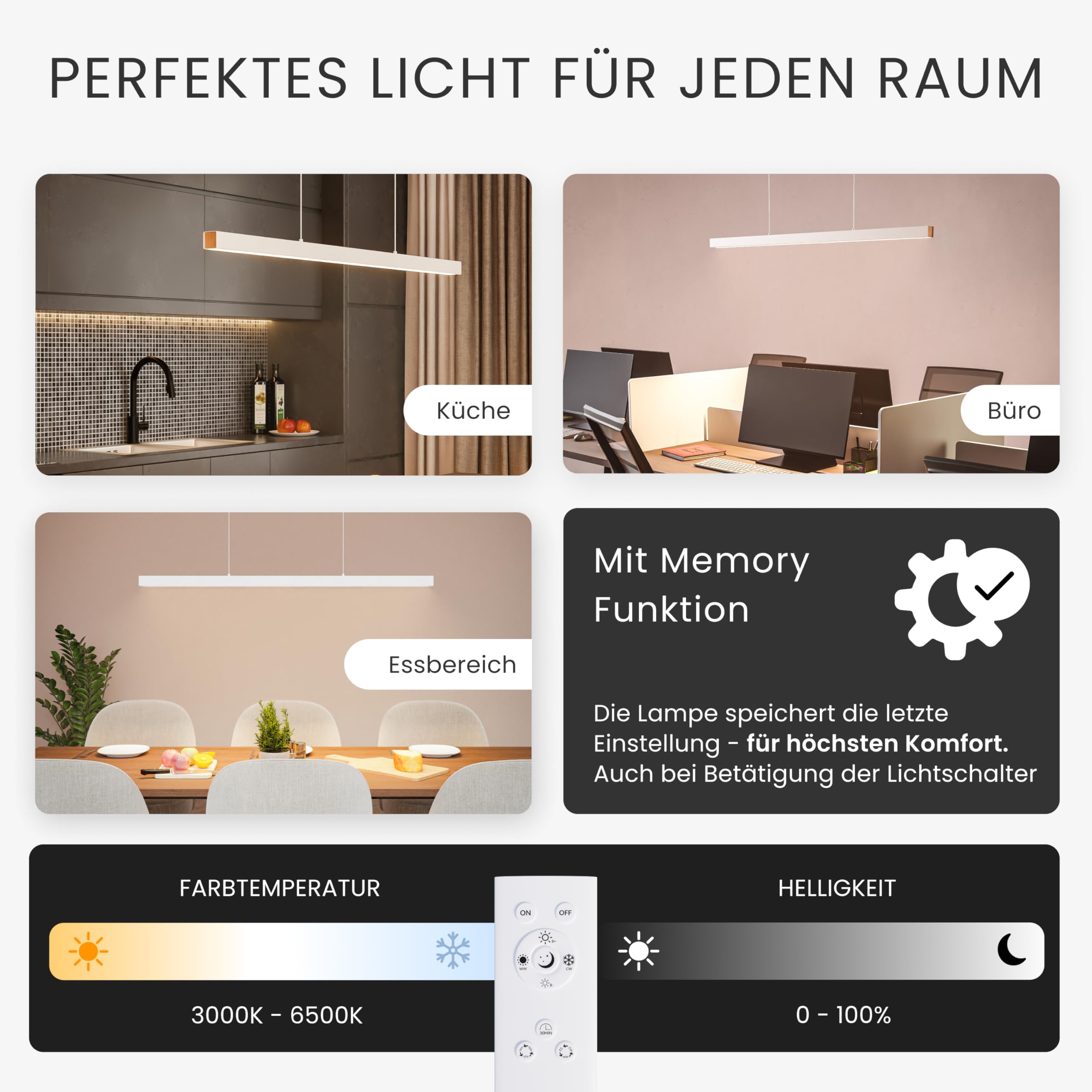 MATO LED Pendelleuchte Esstisch Höhenverstellbar Weiß - Lichtfarbe stufenlos einstellbar & dimmbar per Fernbedienung - 150cm Länge - Esstischlampe hängend, Esszimmerlampe, Hängelampe Esszimmer