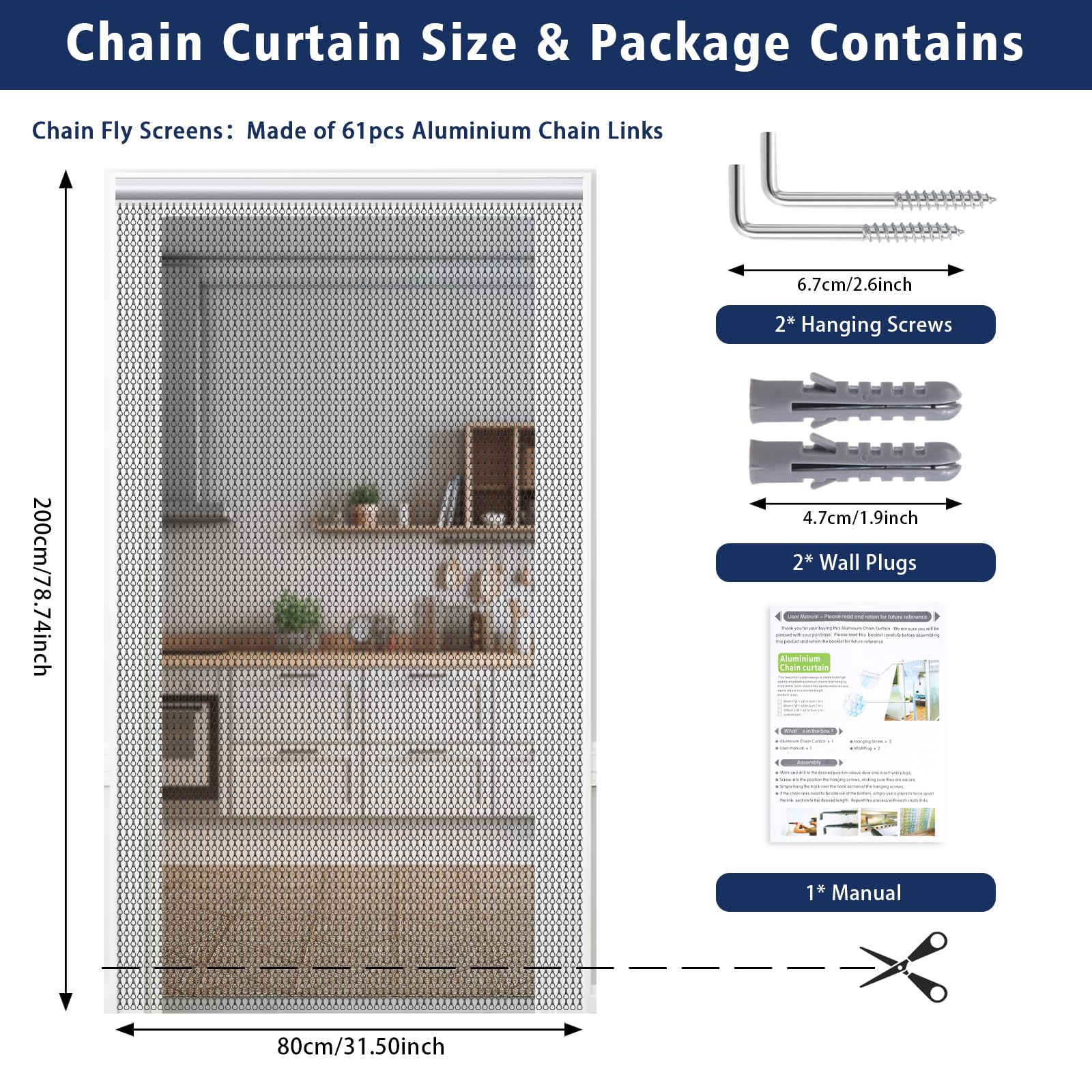 VeYocilk Fly Screen Chains for Doors Black 80 x 200cm Chain Curtain Aluminum Chain Fly Screen Metal Fly Blinds for Keeping out Flies - Image 2