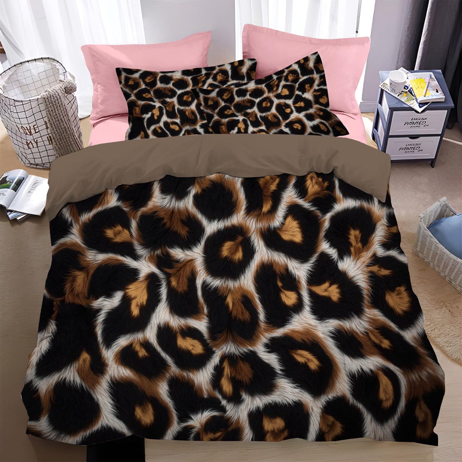 Housse de couette texture fourrure léopard 140x200 haut de gamme au drapé fluide brun foncé