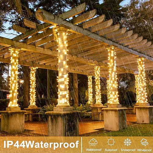 Miniatura 2 de 250 luces LED de Navidad de 82 pies, luces de Navidad blancas cálidas para exteriores, 8 modos, cable transparente, tira de luces parpadeantes