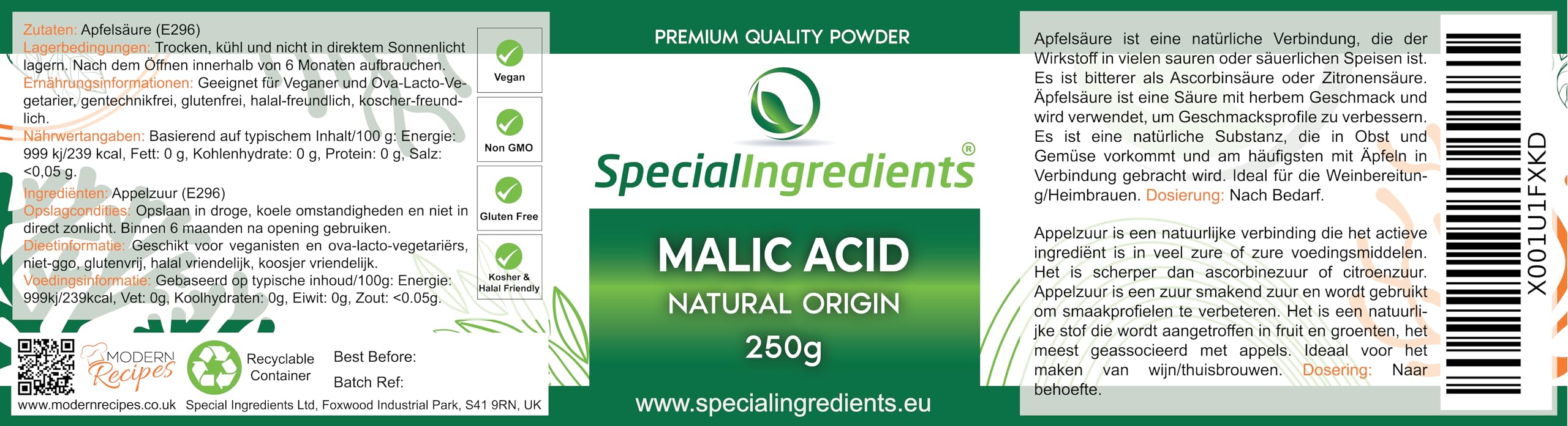 Special Ingredients Acido Malico 250 g - Regolatore di acidità per la preparazione di vino, birra e bevande alcoliche - Alta qualità - Imballaggio riciclabile
