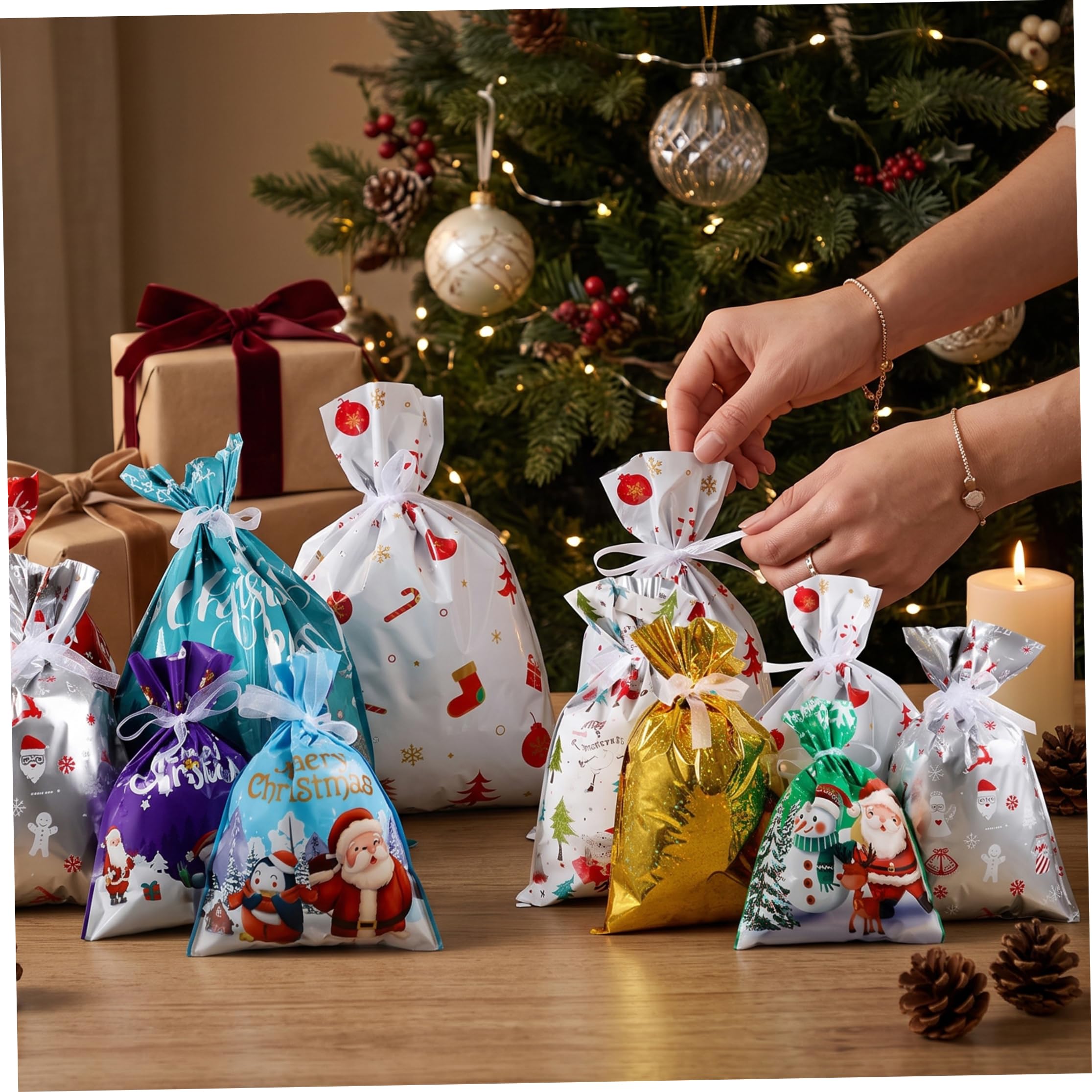 Bolsas de recuerdo de fiesta Navidad 55 bolsas de dulces navideños de PE con cordón