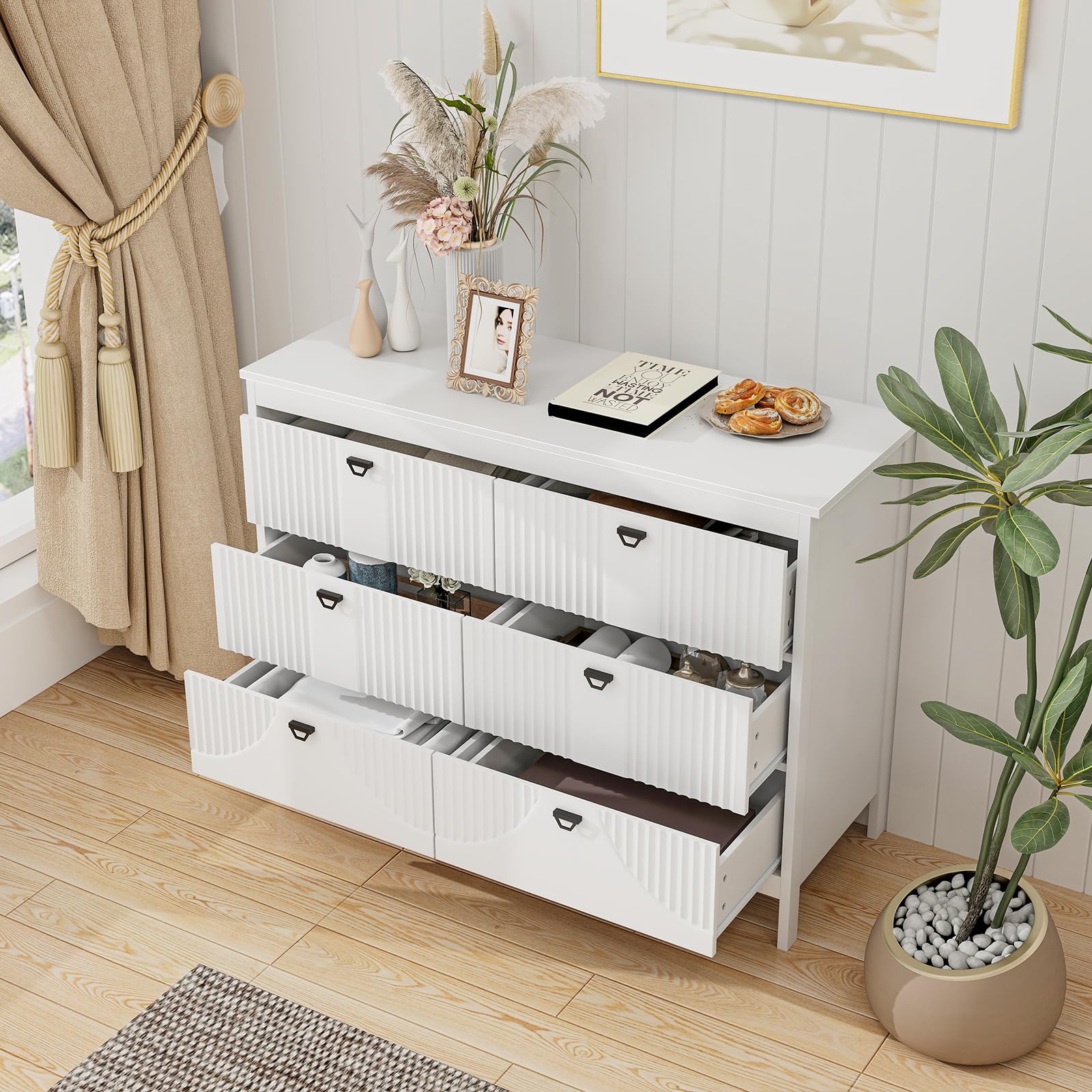 KOMFOTTEU Cómoda con 3/6 Cajones para Dormitorio, Cajonera de Madera con Kit Antivuelco, Mueble de Almacenamiento Moderno, para Salón, Estudio, Oficina (6 cajones)