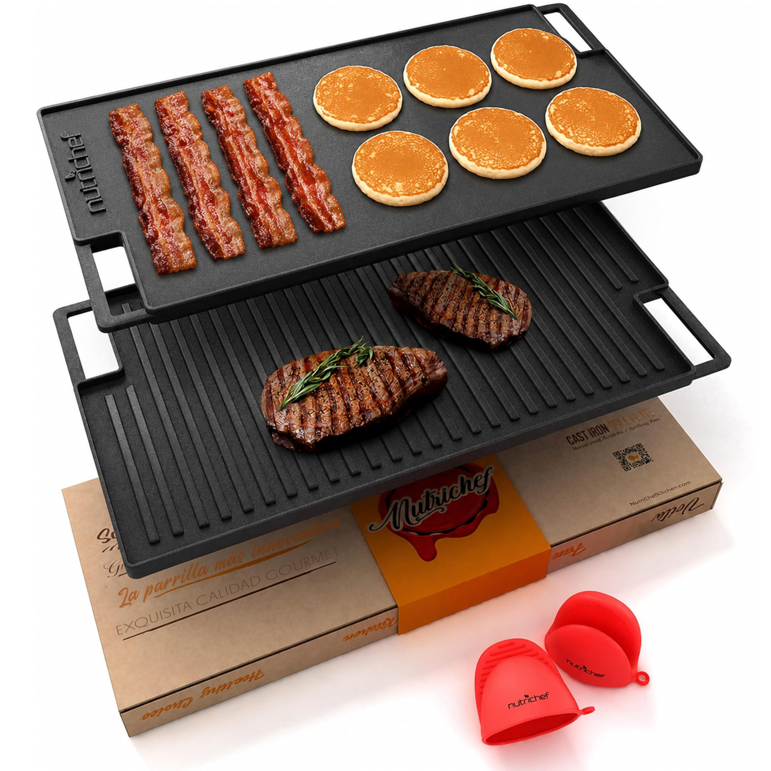 NutriChef Placa de Hierro Fundido, para Horno, Estufas, Plancha Reversible, Incluye Guante de Silicona, Parrilla