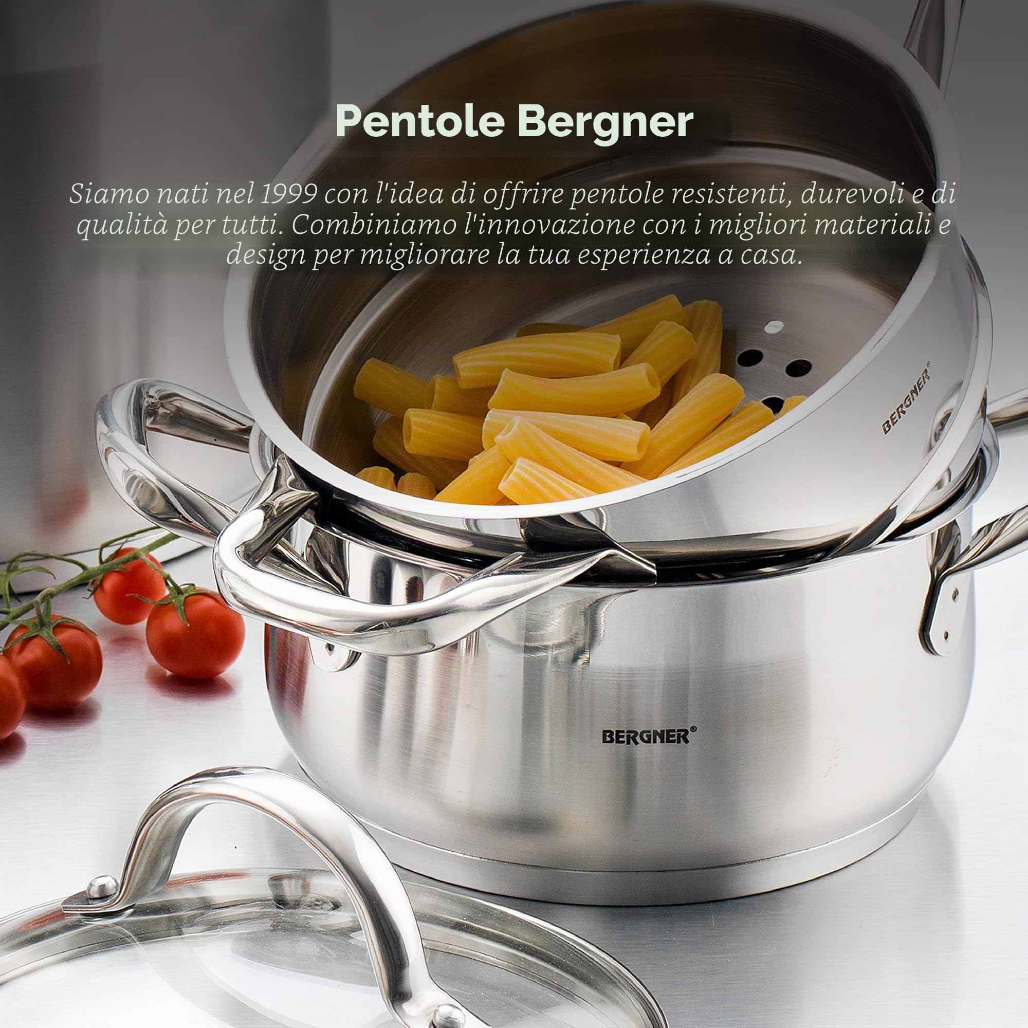 BERGNER Gourmet | Pentola da Cucina per Pasta | Casseruola con Coperchio, Bollitore e Capacità di 2,2L | Acciaio Inox | Molto Resistente, Pulizia Facile e Per Tutti i Piani Cottura