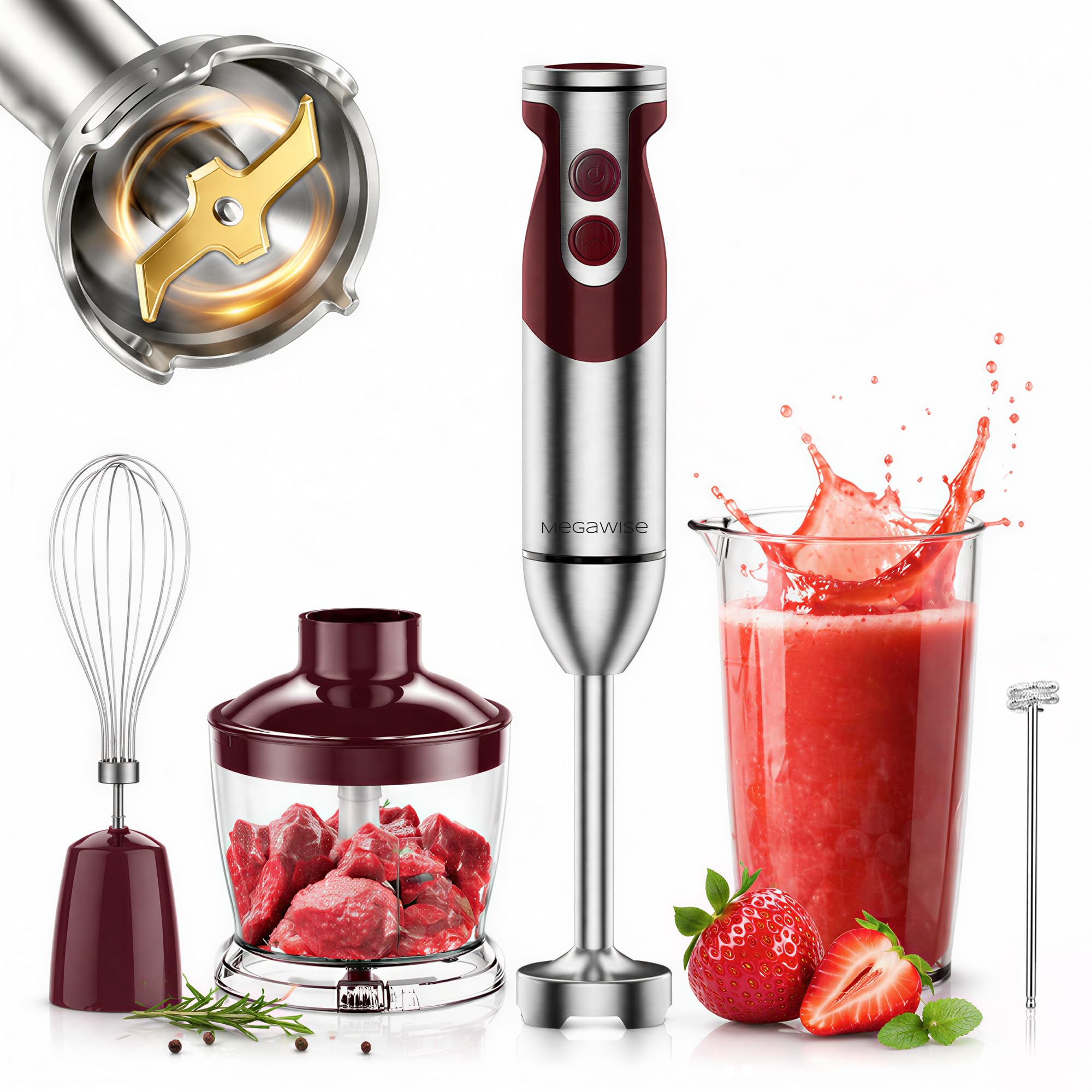 MegaWise Pro Titanverstärkter 5-in-1-Stabmixer, leistungsstarke 400 W mit 80% schärferen Klingen, kabelgebundener Mixer mit 12 Geschwindigkeiten (rot)