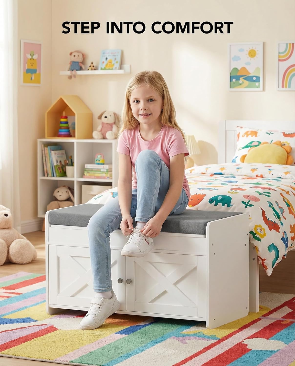 Amada Shoe Storage Bench with Cushioned Seat, 31.5" Small Entryway Bench with Lift Top Storage, Adjustable Shelves, 300 lb Capacity Shoe Bench for Entryway, Bedroom, Living Room, Classic White