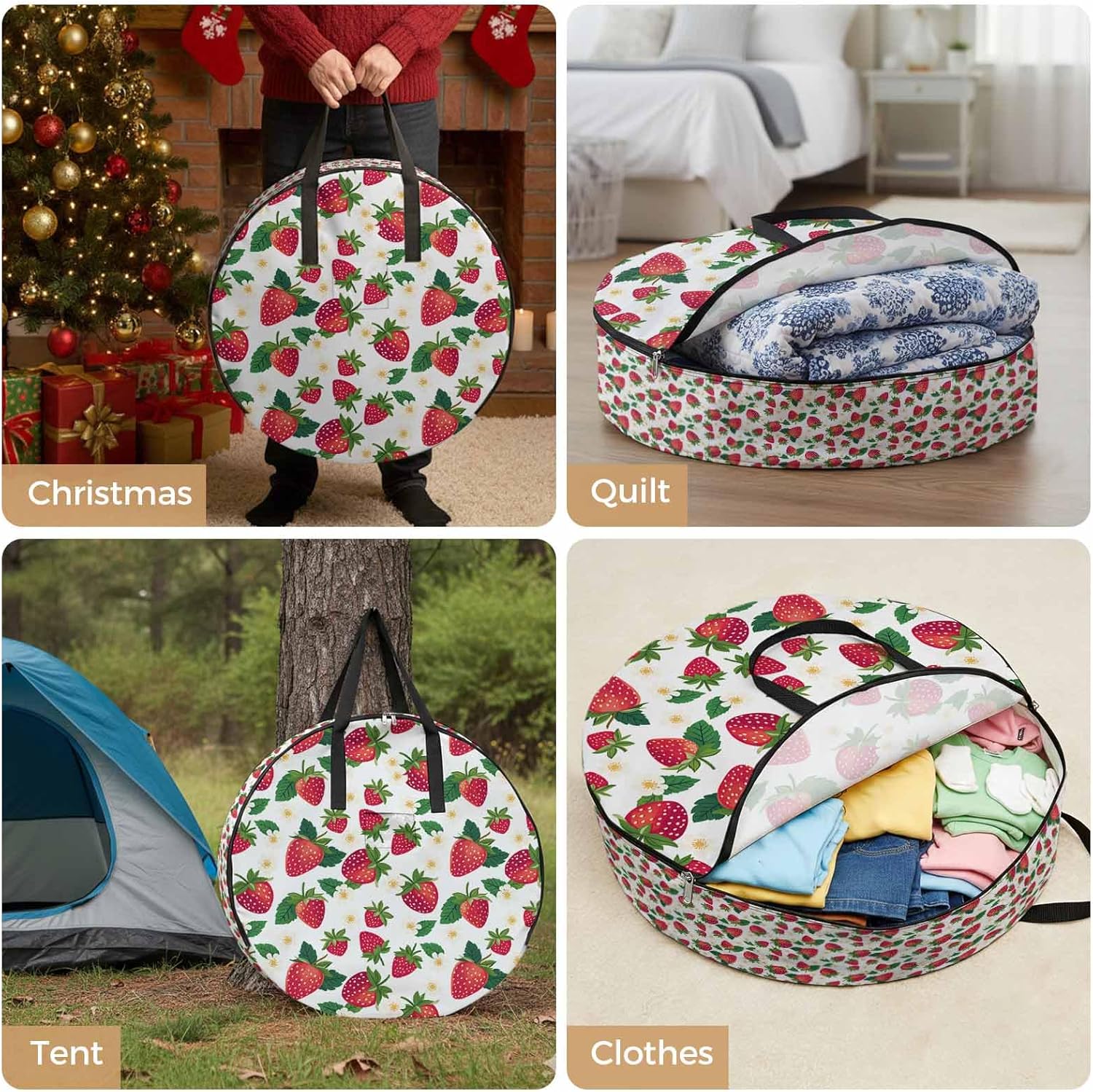 Storage Bag Strawberry Round Storage Totes Bins Closet Organizers with Zippers & Handle Cute Floral Fruit Clothes Storage Container for Bedroom Dorm Space Saving Packing Supplies Moving Bags