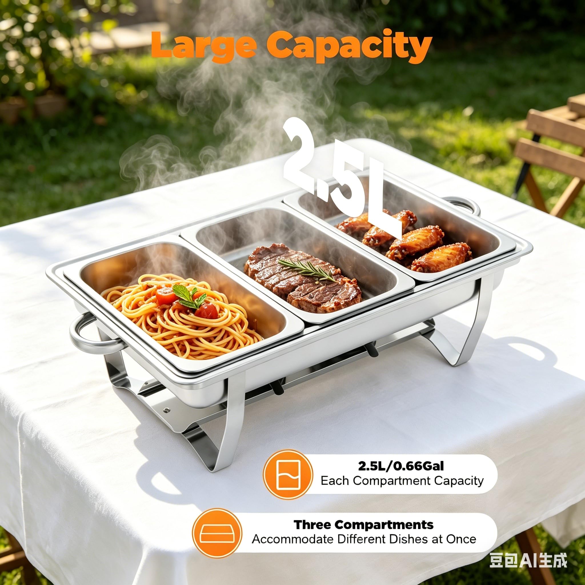 Set di scaldavivande pieghevole a 3 scomparti, scaldavivande rettangolare in acciaio inox per piastre riscaldanti, 3 contenitori da 2,5 l, ideale per feste, buffet, catering