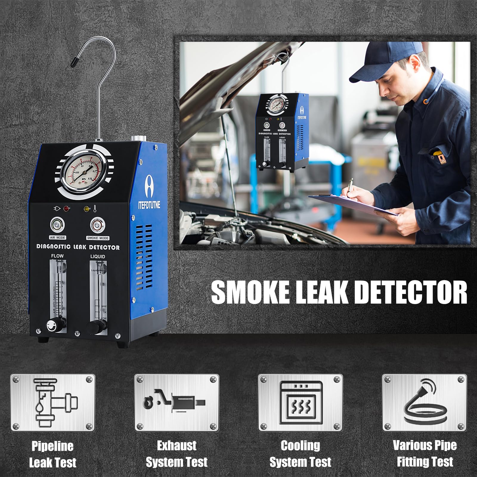 ITEFDTUTNE Evap Smoke Machine Leak Tester, Smoke Machine Automotive Built-in Air Pump and Pressure Gauge, Dual Mode Auto Fuel Pipe System Leak Detector with Adjustable FlowMeter for 12V Vehicles