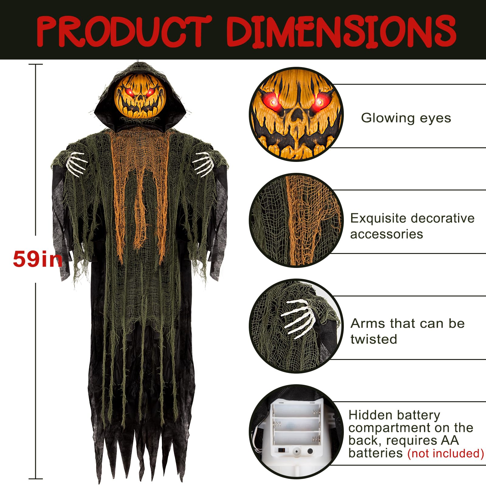 Wisząca animatroniczna dekoracja dyni na Halloween, 150 cm, z aktywowanym dźwiękiem, świecącymi oczami, upiornymi dźwiękami i ruchem, idealna do dekoracji nawiedzonego domu, na trawnik, imprezę