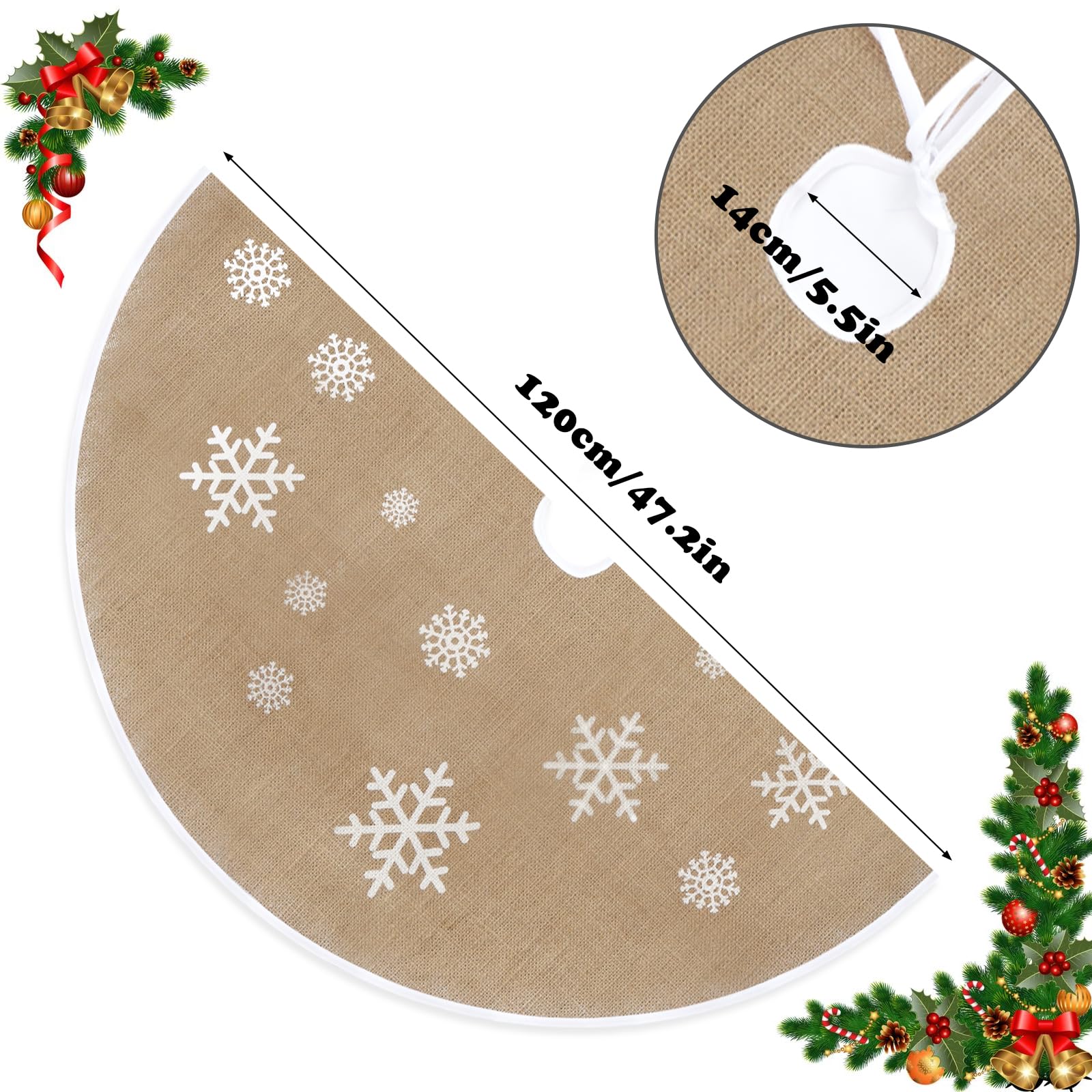 Gonna Albero di Natale Gonna per Albero di Natale Beige con Fiocco Di Neve Bianco Stampato Tappeto Rotondo per Albero di Natale Gonna per Albero di Natale 120 cm