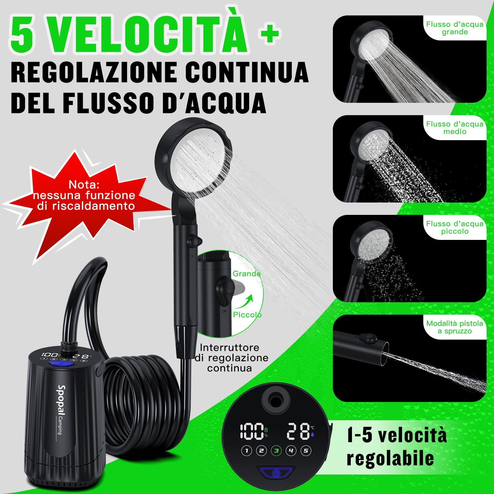 Doccia Portatile, [10000mAh - con 20L Secchio Pieghevole] Doccia da Campeggio, Doccia Campeggio con Display di Potenza, Doccia Ricaricabile Esterna per Spiaggia Giardino Animali, Escursioni, Auto