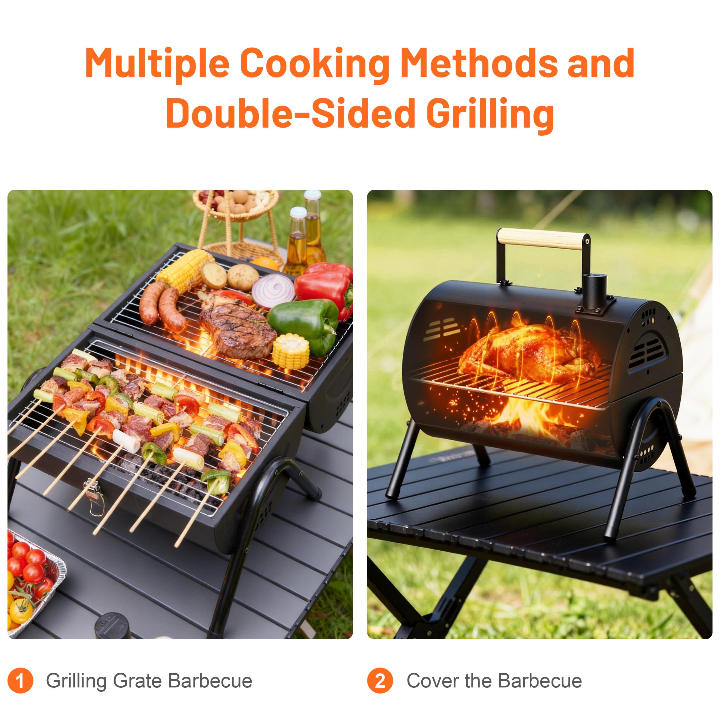 Barbecue portatile a carbonella – Piccolo barbecue da campeggio con griglia 2 in 1, griglia regolabile, compatta e leggera, per barbecue all'aperto, campeggio, picnic, cortile, spiaggia