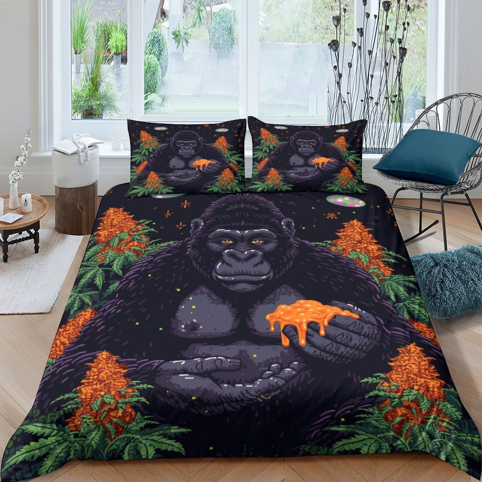 Housse de couette gorille 3D pour chambre d'ado ambiance jungle parure lit King