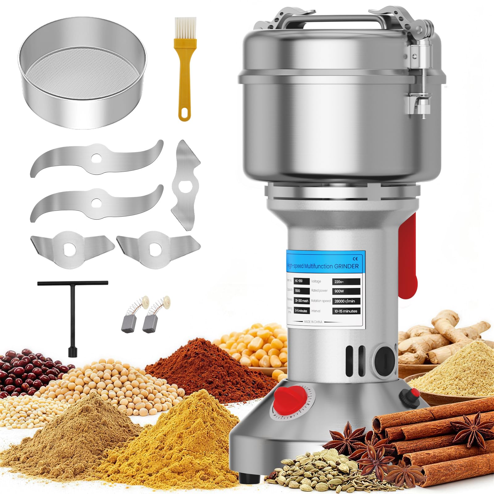 550g Electric Grain Grinder, Stainless Steel Spice Mill with 28000 RPM High Speed, 5 min Timer and Overload Protection, for Wheat, Corn, Rice, Pepper, Herbs and Coffee Beans