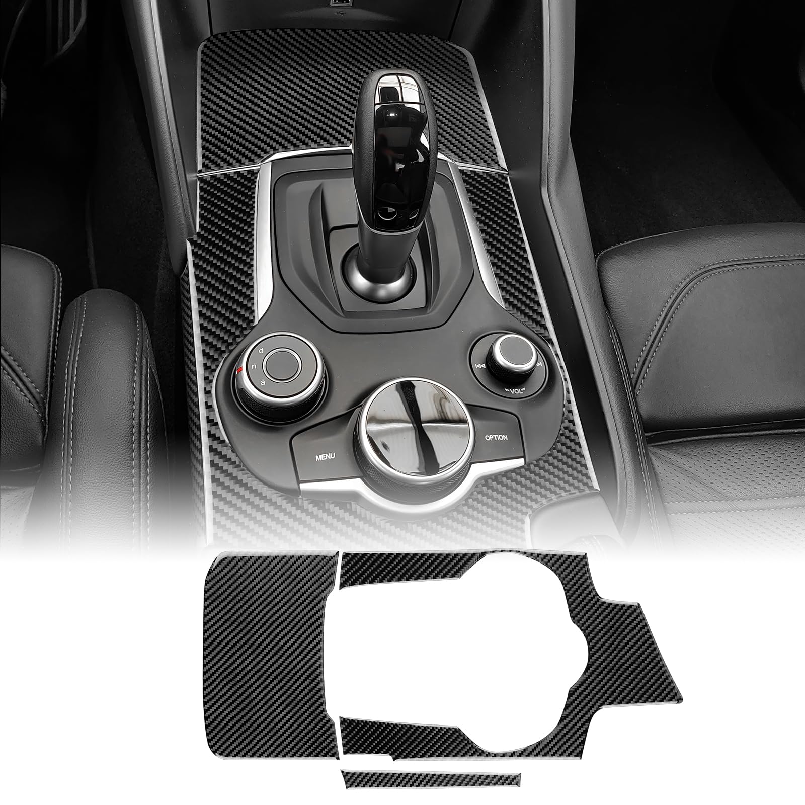 KUNGKIC Do Alfa Romeo Giulietta 2015-2019 Stelvio 2017-2019 samochodowy pojemnik do przechowywania, rama dźwigni zmiany biegów, naklejka z włókna węglowego, akcesoria do wnętrz, prezent (czarny)