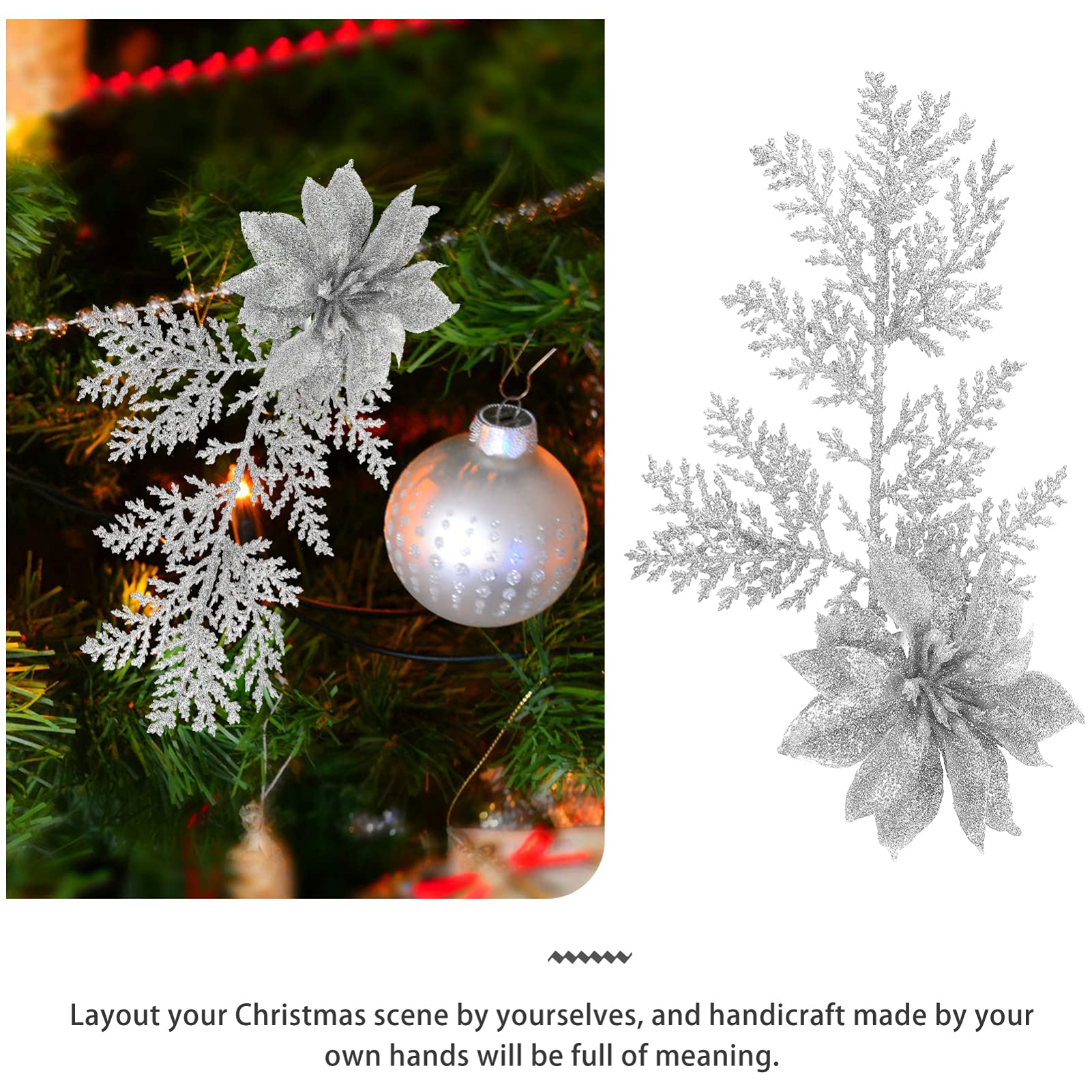 jojofuny Ornamente Krippendekoration 18 Stücke Künstliche Weihnachtsblumen Glitter Poinsettia Plektren Kiefer Zweige mit Clip for Christmas Crafts Party Festliche Wohnkultur