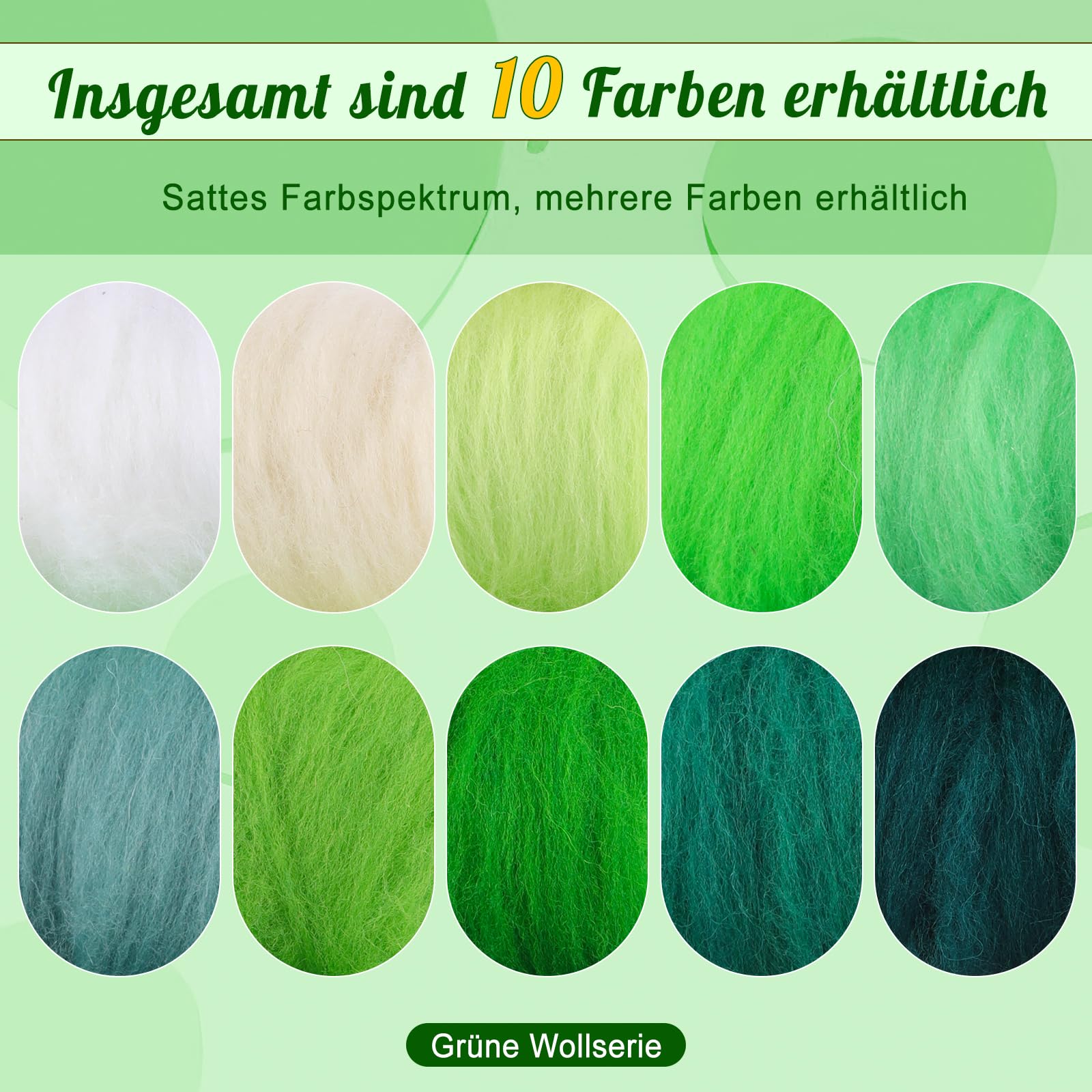 10 Colours Wool 100 g de lana de fieltro, juego de fieltro de aguja con lana roving en serie verde, lana para fieltro con agujas, kit de fieltro con agujas de fieltro, juegos de fieltro de aguja para