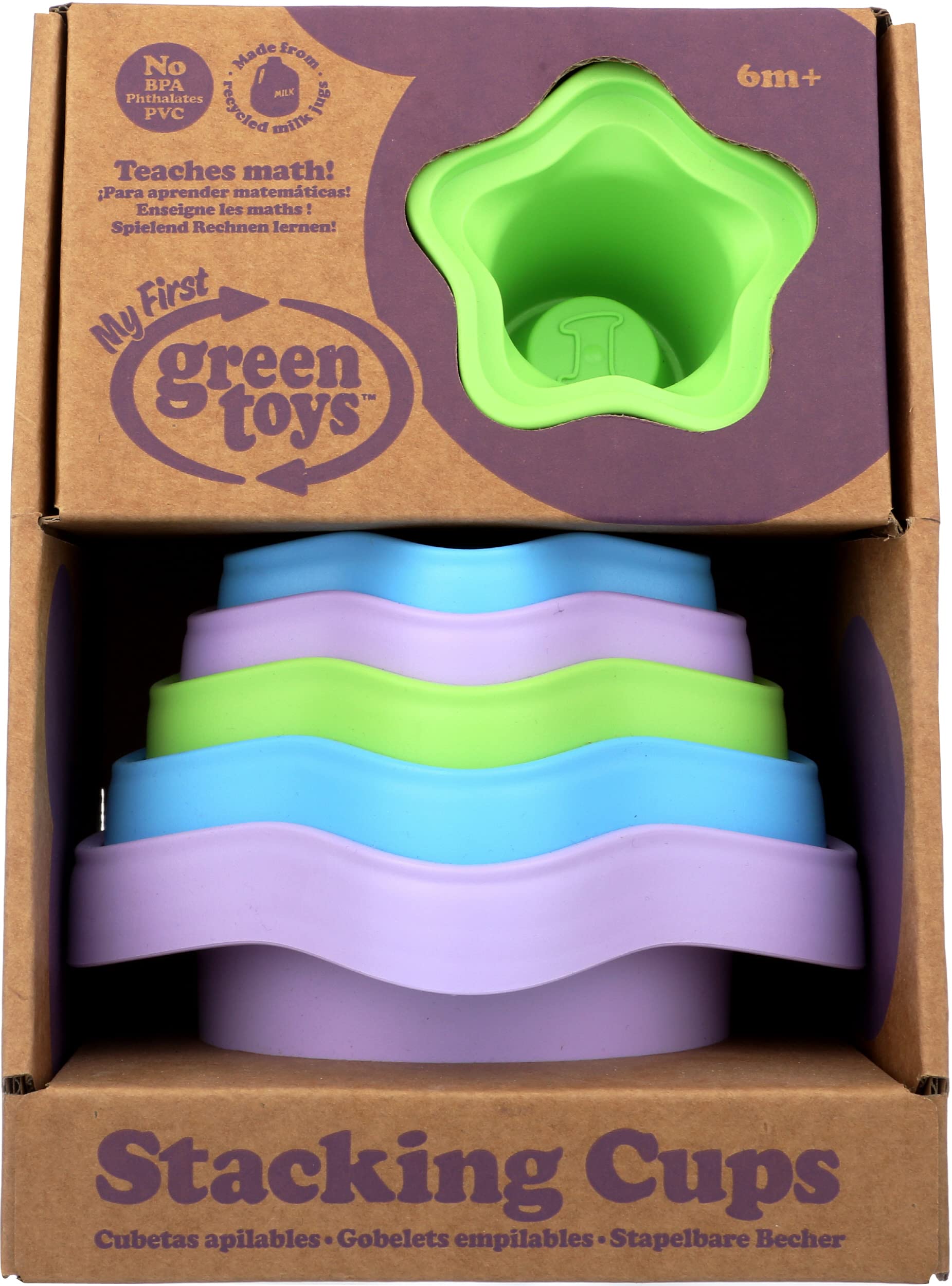 Green Toys Stacking Cups, Purple/Blue/Green - 6 Piece Motor Skills, Building, Stacking Toy Set. Safe for Babies and Toddlers. Dishwasher Safe, Recycled Plastic, Made in USA.
