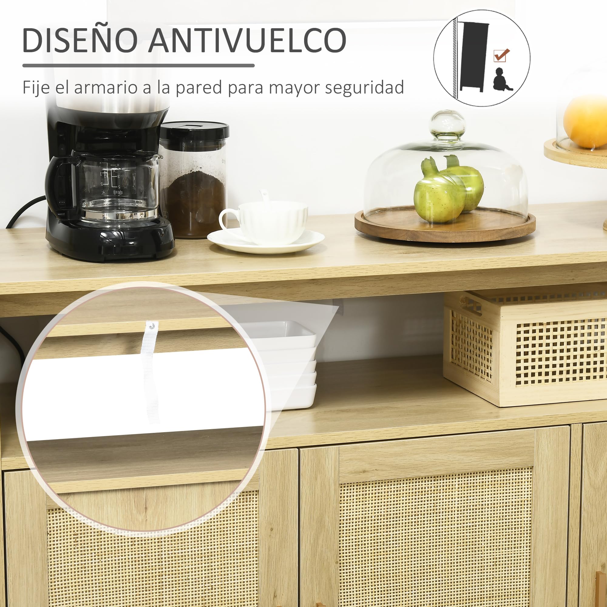 HOMCOM Aparador de Cocina con 3 Puertas de Ratán 120x40x97 cm Natural | Estilo Boho, Mueble Buffet Auxiliar, Estantes Ajustables, Patas de Madera, para Salón Comedor