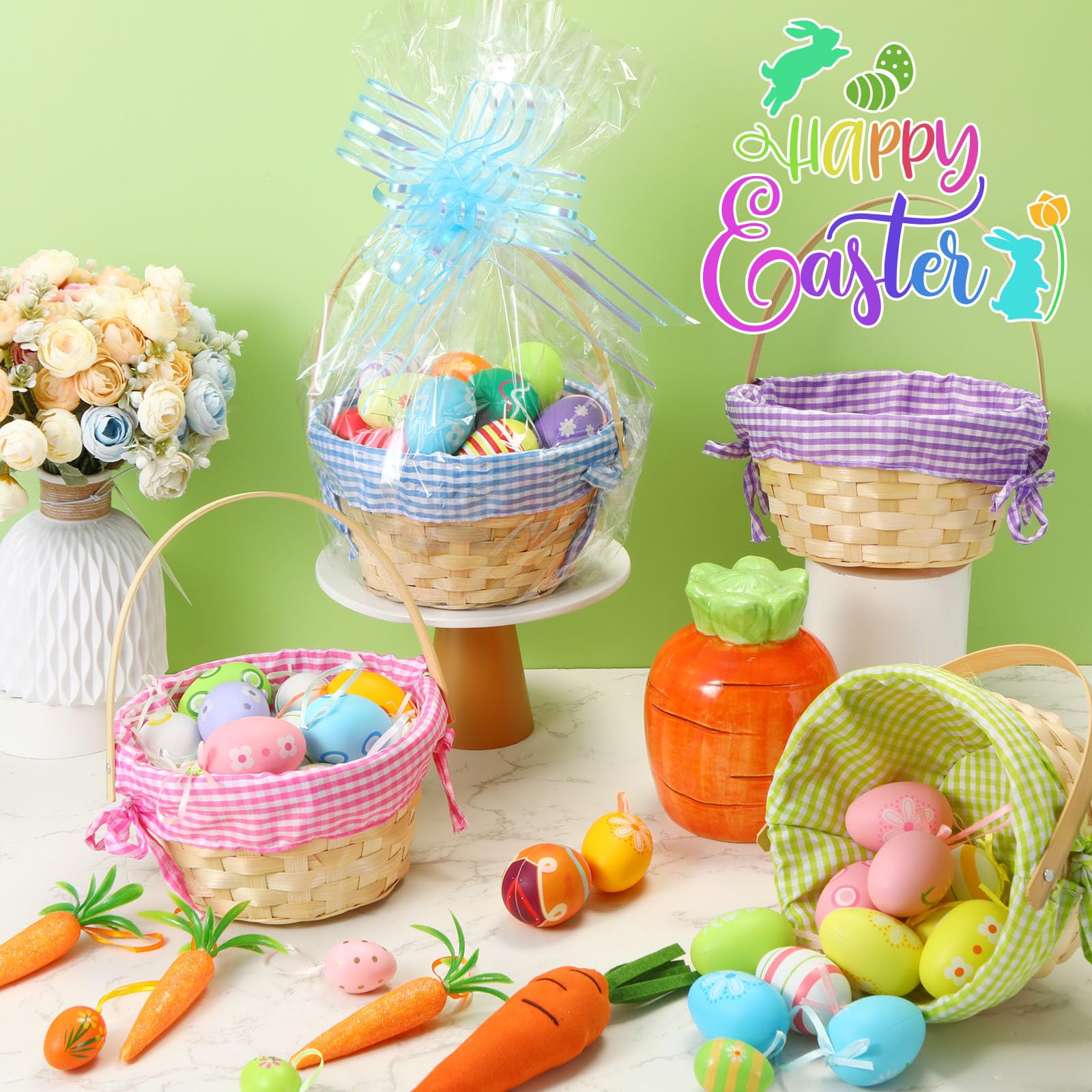 Weysat 12 Sets Bamboo Easter Basket Bulk Set Handle Round Woven Basket Transparent Easter Basket Bag Wrapping Bow Easter Bunny Wrap Glass Paper Easter Egg Hunt Party Supplies (Rustic)