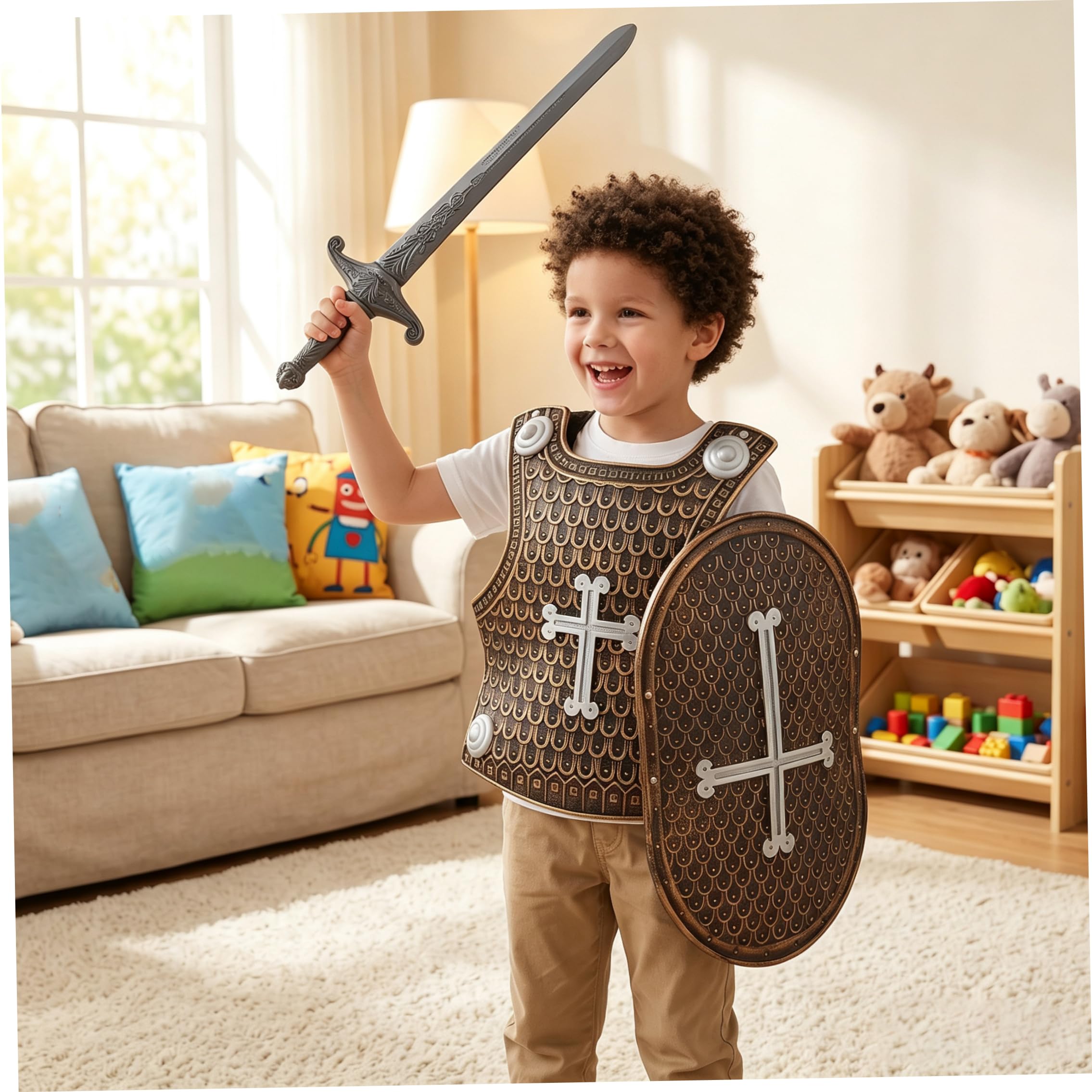 Tsawntd Costume da cavaliere per bambini, 2 set, scudo e spada, Os grigio | Kit cavaliere completo, vestibilità regolabile, ottimo per giochi di ruolo, feste di compleanno