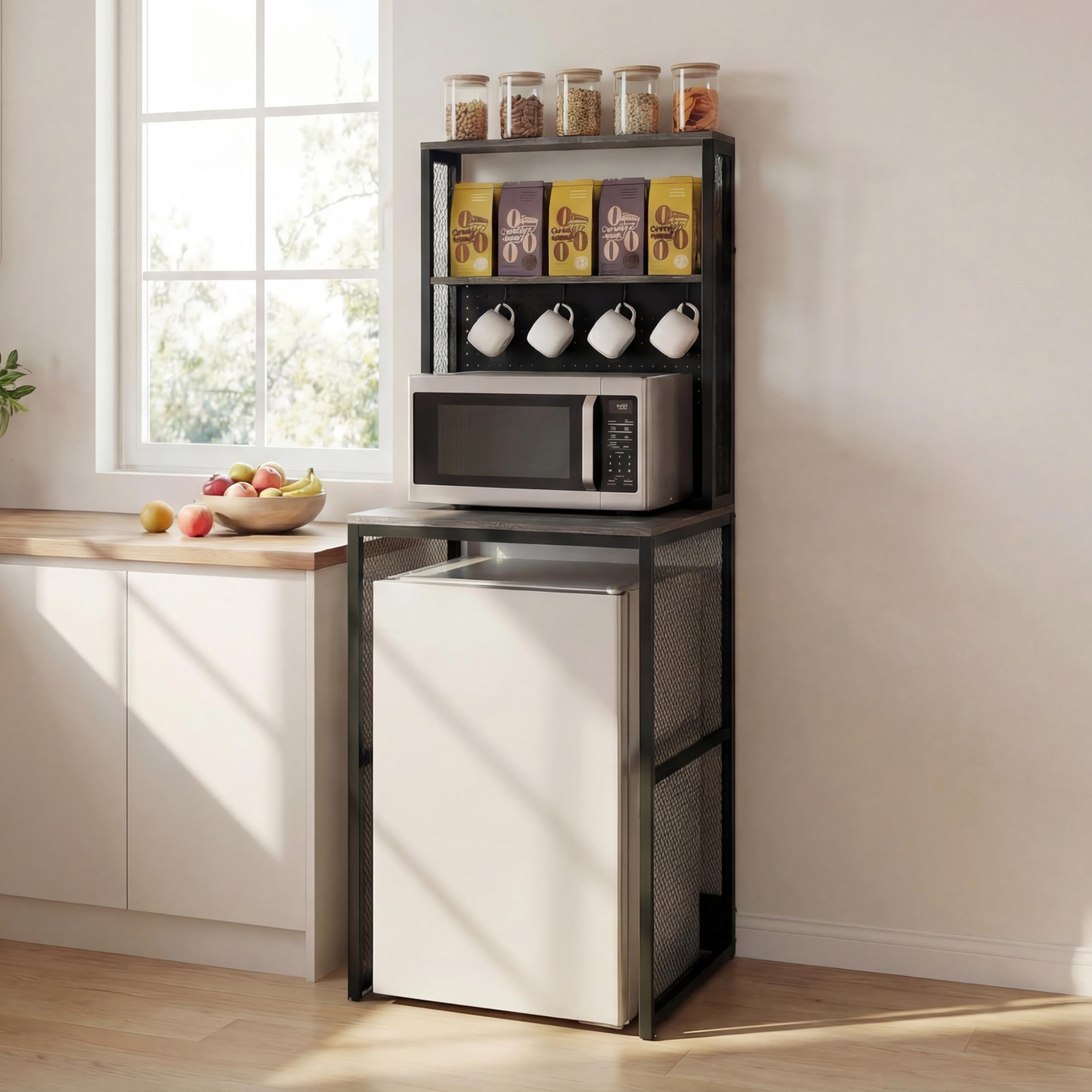 KirKical Mini Fridge Stand Shelf with Storage, Bakers Rack Coffee Bar Table Microwave Oven Stand with Mini Fridge Space for Home Kitchen Dorm, Slate