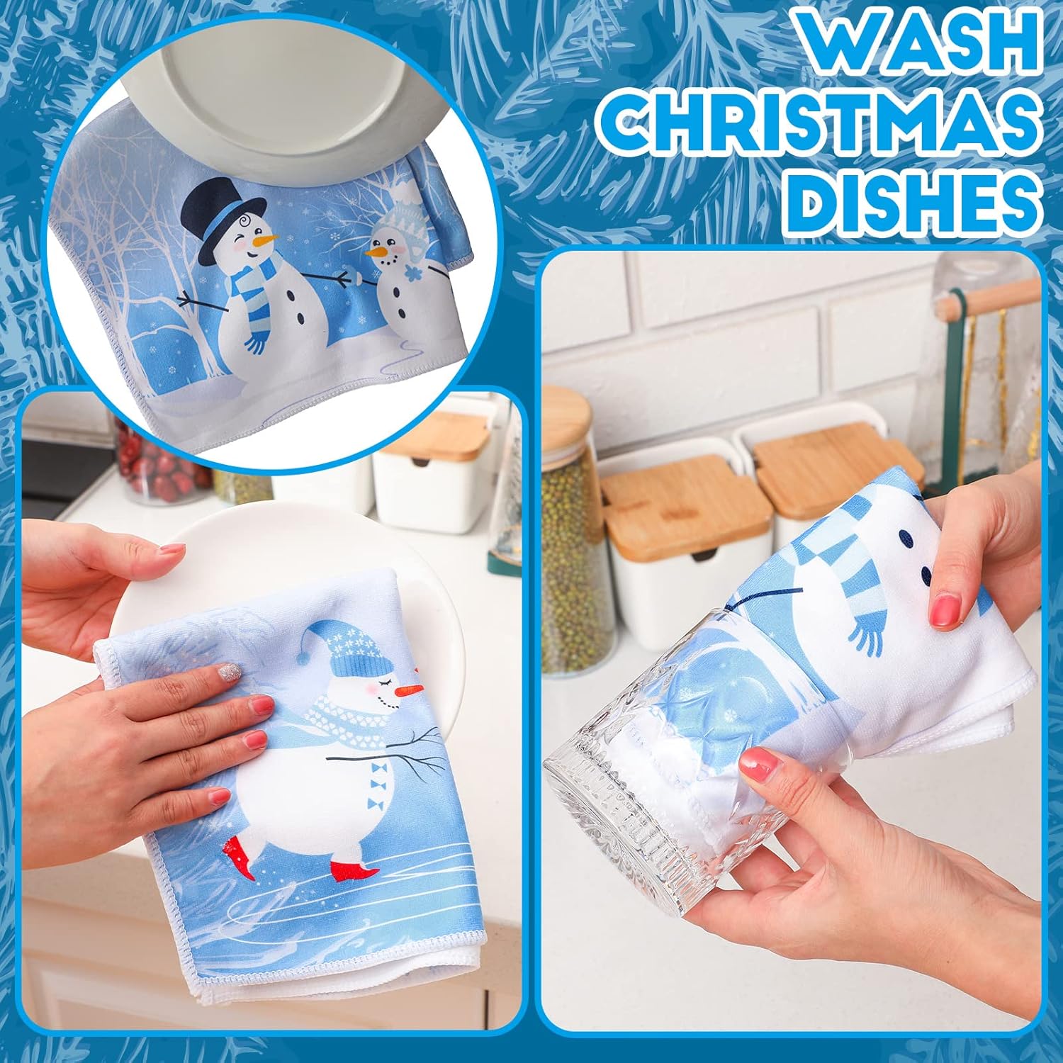 Panelee 6 Pcs Winter Kitchen Towels for Hello Winter Bathroom Blue Christmas Snowman Hand Tea Towels 12 x 18 Inch Absorbent Christmas Decorative for Kitchen Housewarming Cooking Gift - Image 4