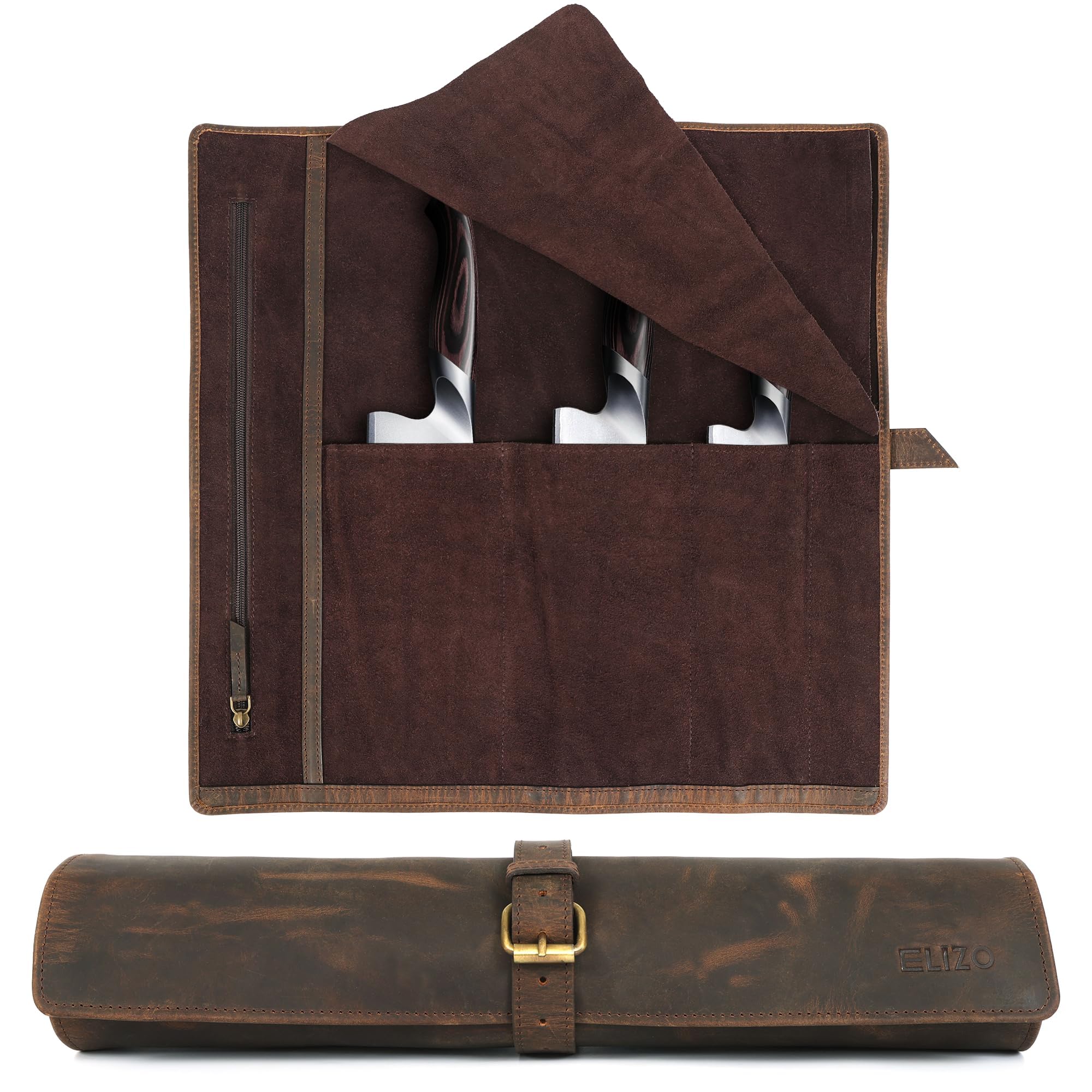 ELIZO Leather Knife Roll Chef Knife Bag Professional Chef Knifes Roll Bag Travel Storage Carrying Case Wrap Holder Sheath Kitchen Carrier Protectors Sleeve Tool Chefs Gift Grizzly