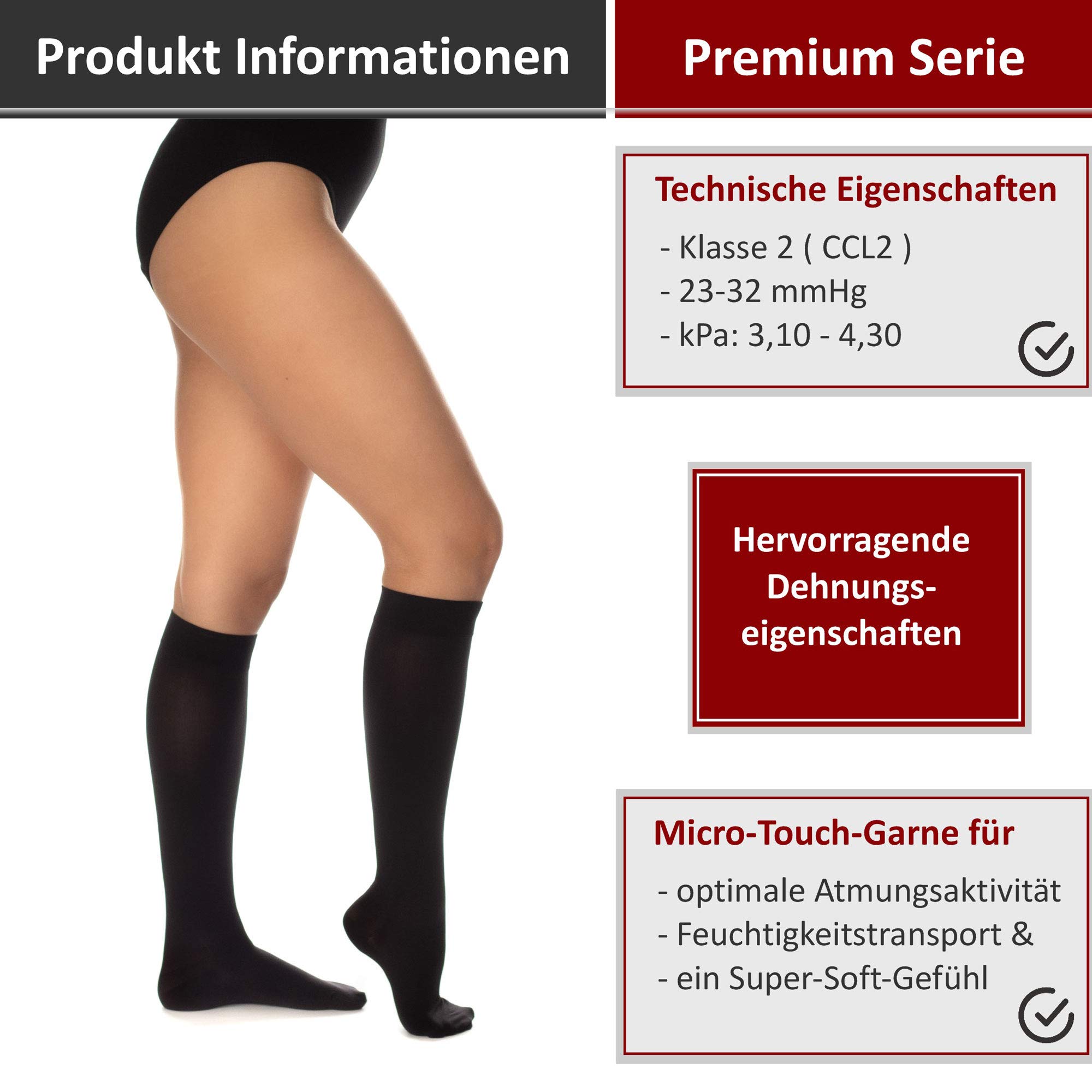 RIEMTEX medizinische Kompressionsstrümpfe Klasse 2 CCL2 23-32 mmHg Wadenstrümpfe für Damen Geschlossene Spitze PREMIUM Serie 3211a (Größe 5, Schwarz)