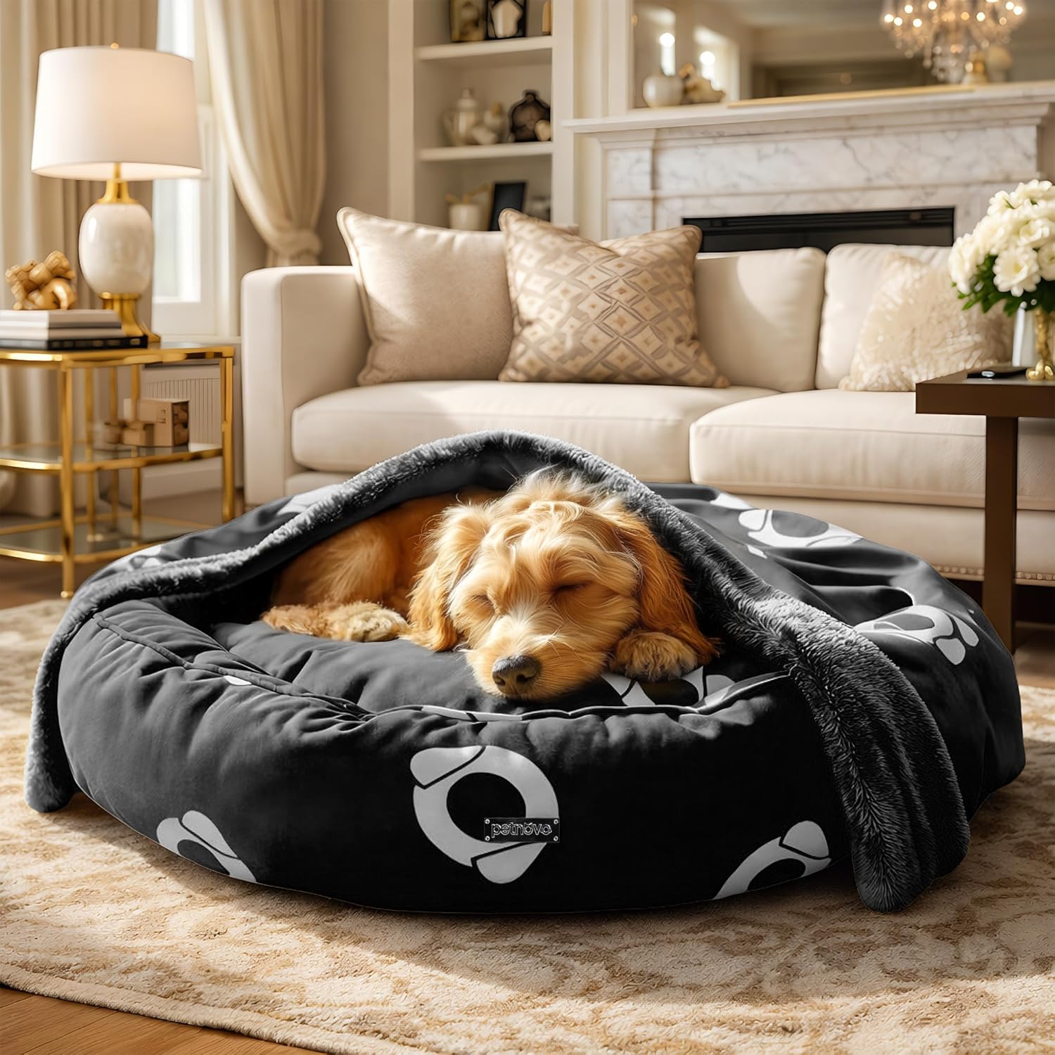 PETNOVO Dog & Cat Bed with Blanket – Removable Cover, Reversible Cushion for All Seasons, Anti–Slip Bottom, Eco–Friendly Gift Packaging, Black
