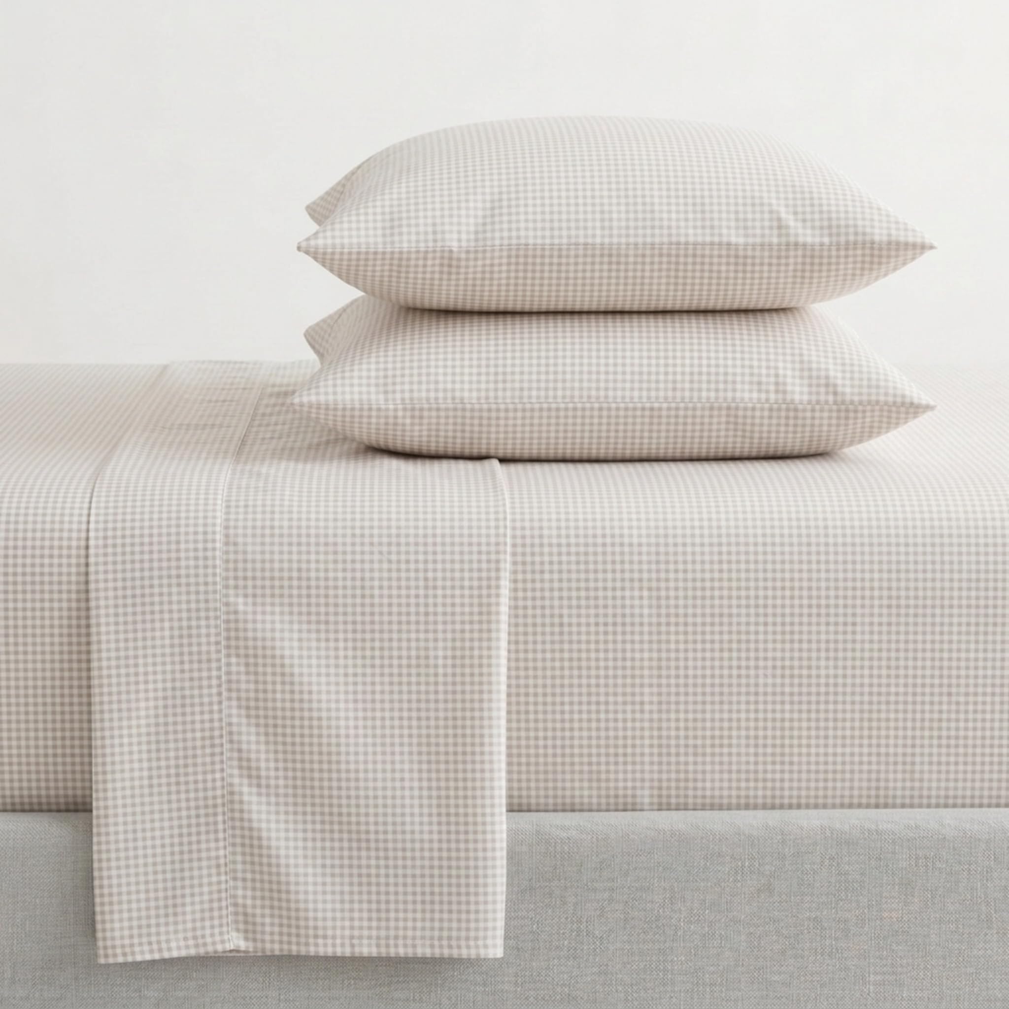 Martha Stewart - Twin Size Sheets Set, Crisp &amp; Tailored Cooling Sheets with a Naturally Smooth Cotton Percale Lightweight Feel - Bed Sheets with Matching Pillowcase &amp; Fitted Sheet (Gingham Beige)