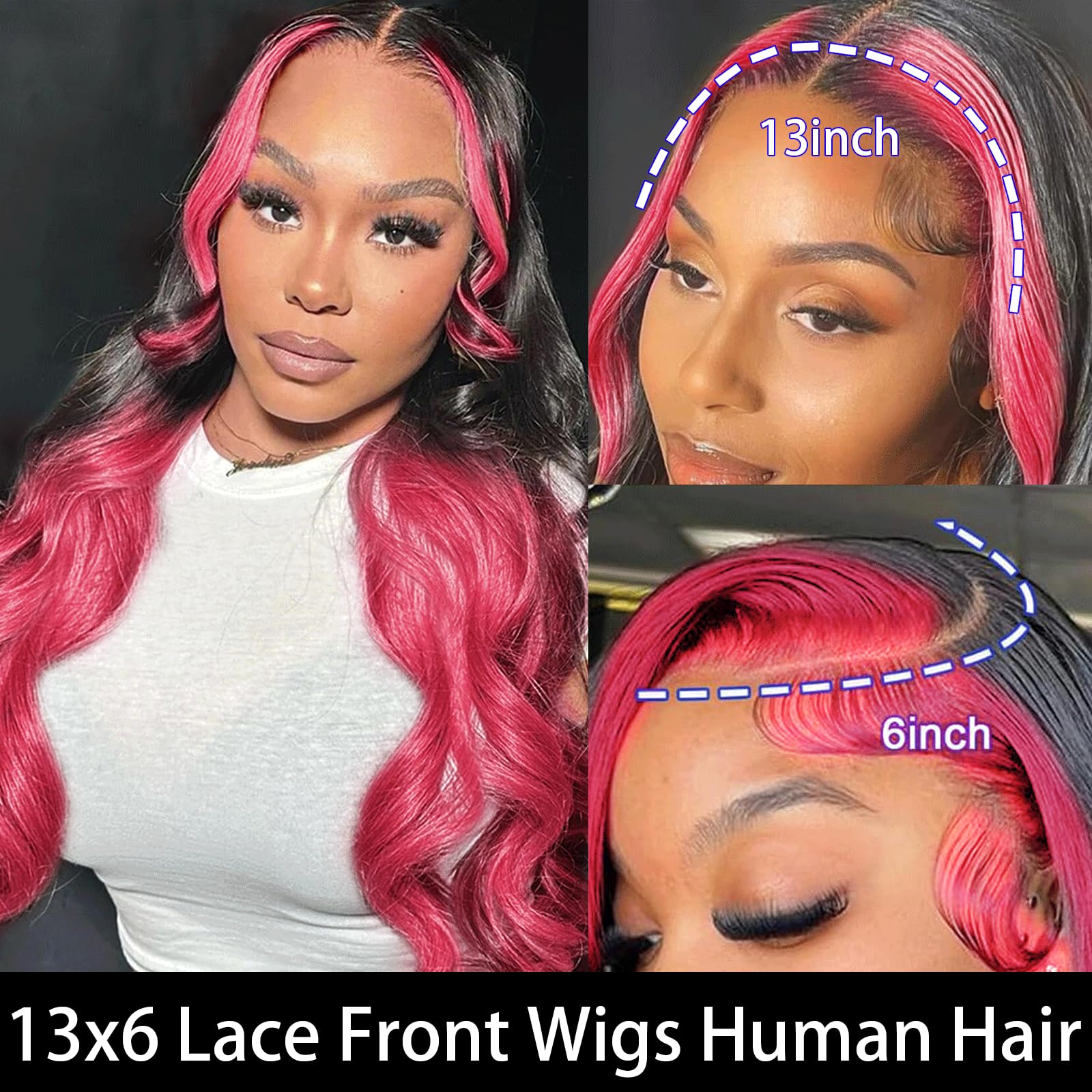 haha 13x6 Ombre Pink Lace Front Wig Human Hair Black and Hot Pink Highlight Wig Body Wave Hd Lace Frontal Wig Glueless Pre Plucked Bleached Knots Skunk Stripe 180% Density 20 Inch