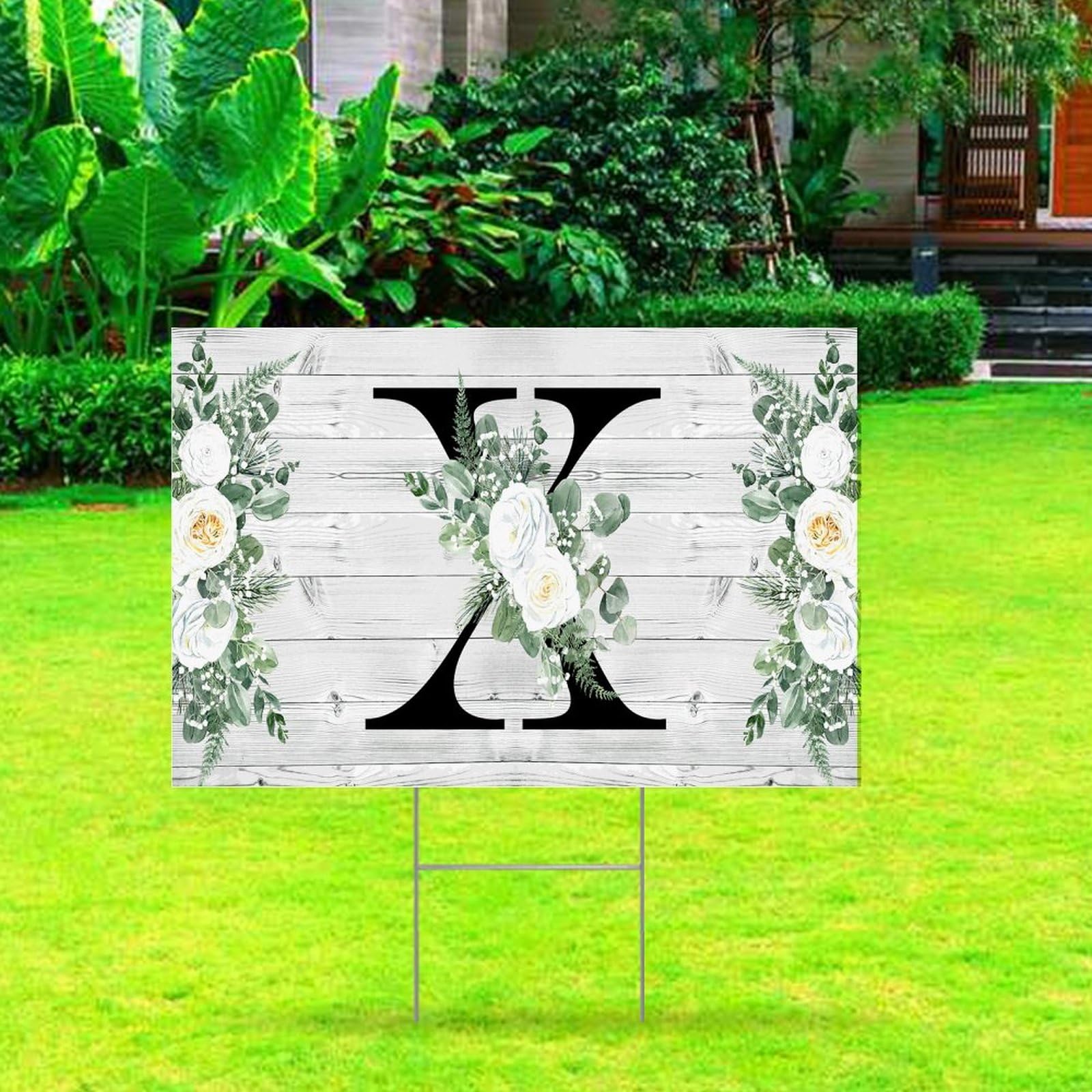 Monogram Letter Initial X Wood Grain Floral Yard Sign 12x18in Weatherproof Farmhouse Welcome Signs for Home Outdoor Garden Street Road Farm Countryside Party Decoration Gifts